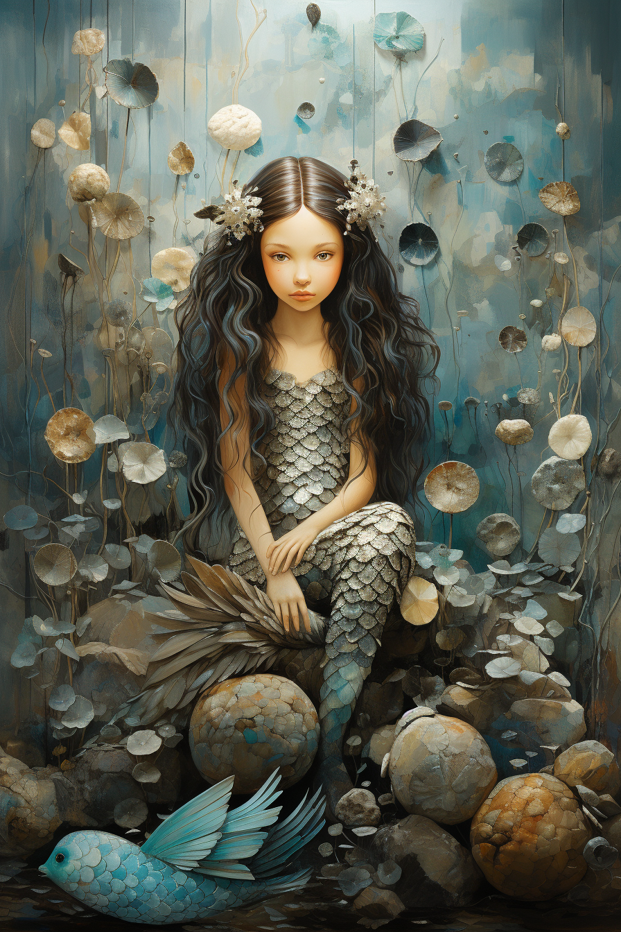 Midjourney prompt: A serene mermaid with shimmering turquoise and silver pearl scales detailed with...