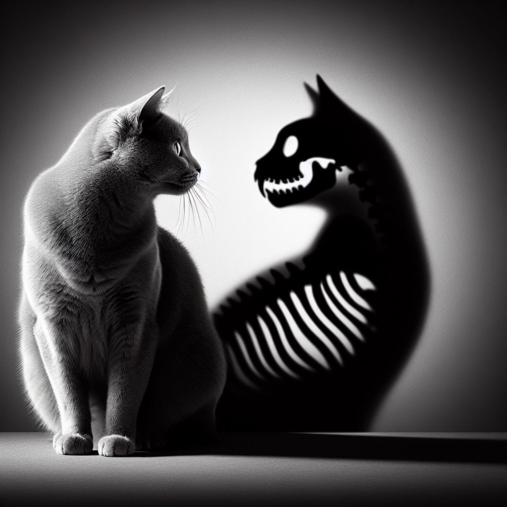 DALL·E prompt: A profile view of a very beautiful cat, with its shadow prominently cast on the ...
