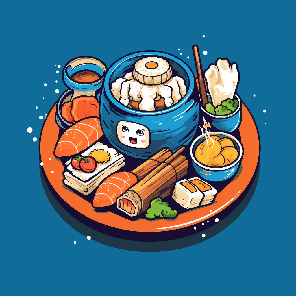 Midjourney prompt: Food-themed sushi T-shirt vector, manga style, colored by Dustin Nguyen, delicio...