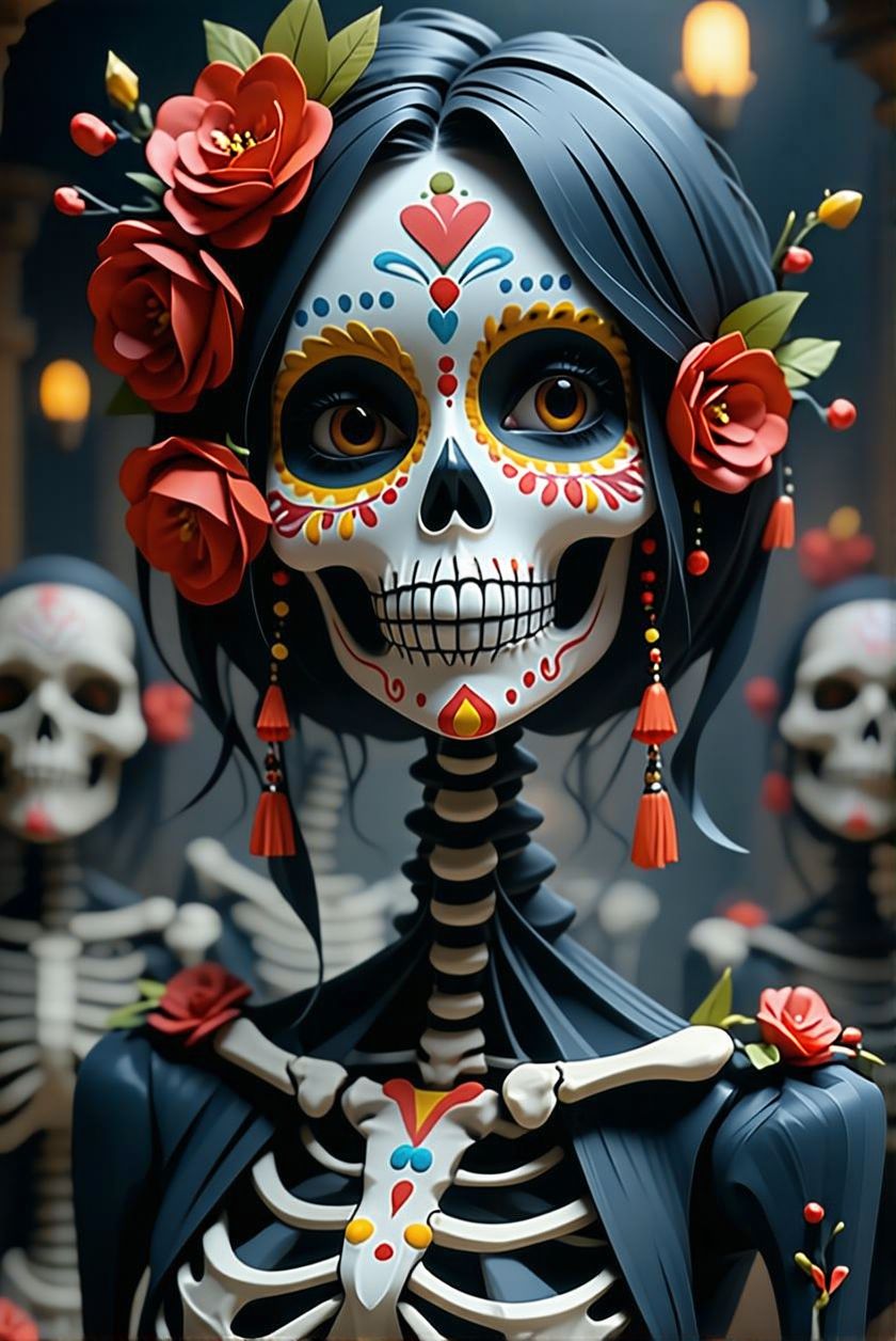 Stable Diffusion prompt: day of the dead, in the style of Unreal Engine 5, caricature-like illustrations,...