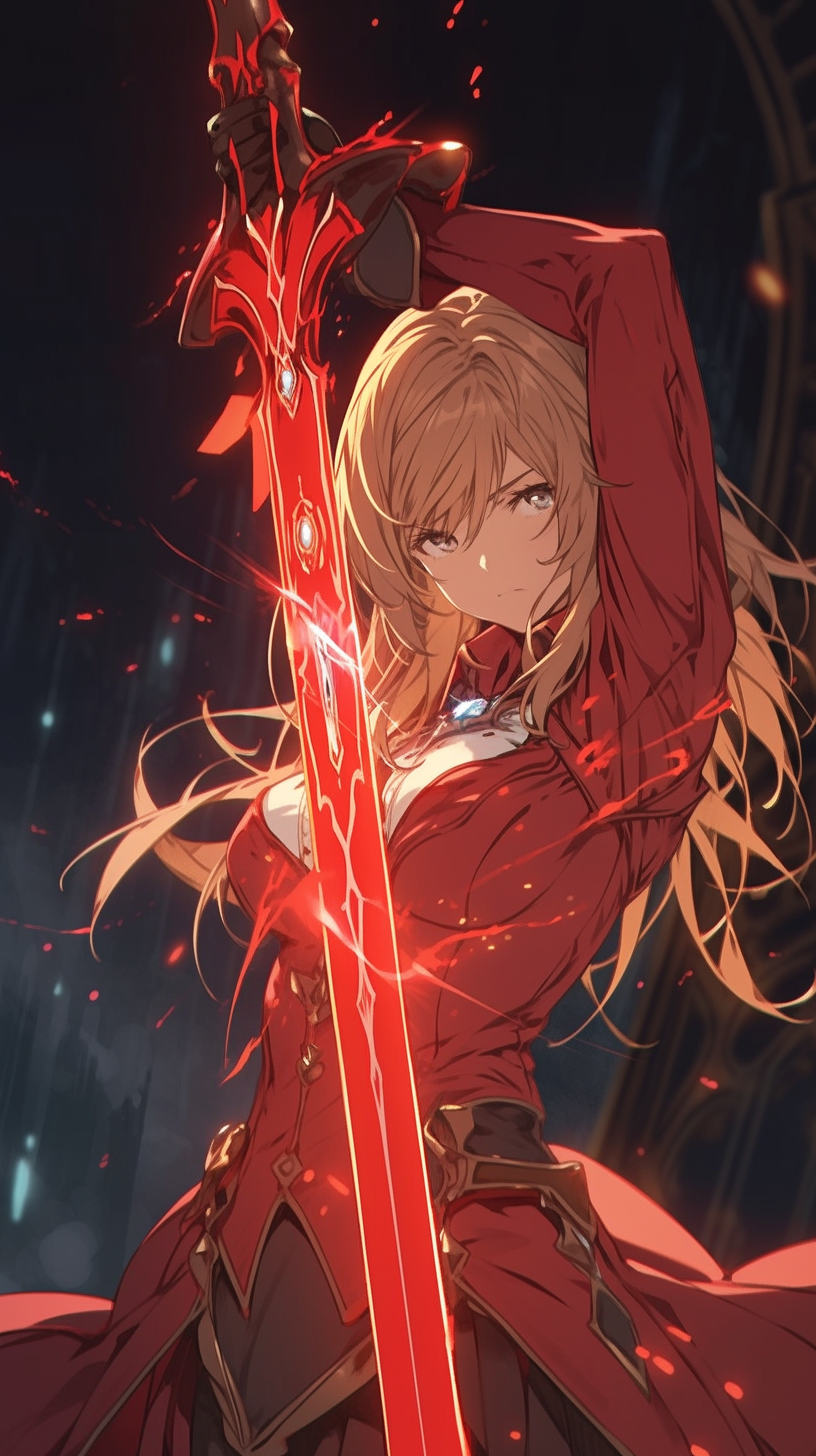 Midjourney prompt: A member of the anime SAO. heroic party. An attacker girl dressed in red. Her we...
