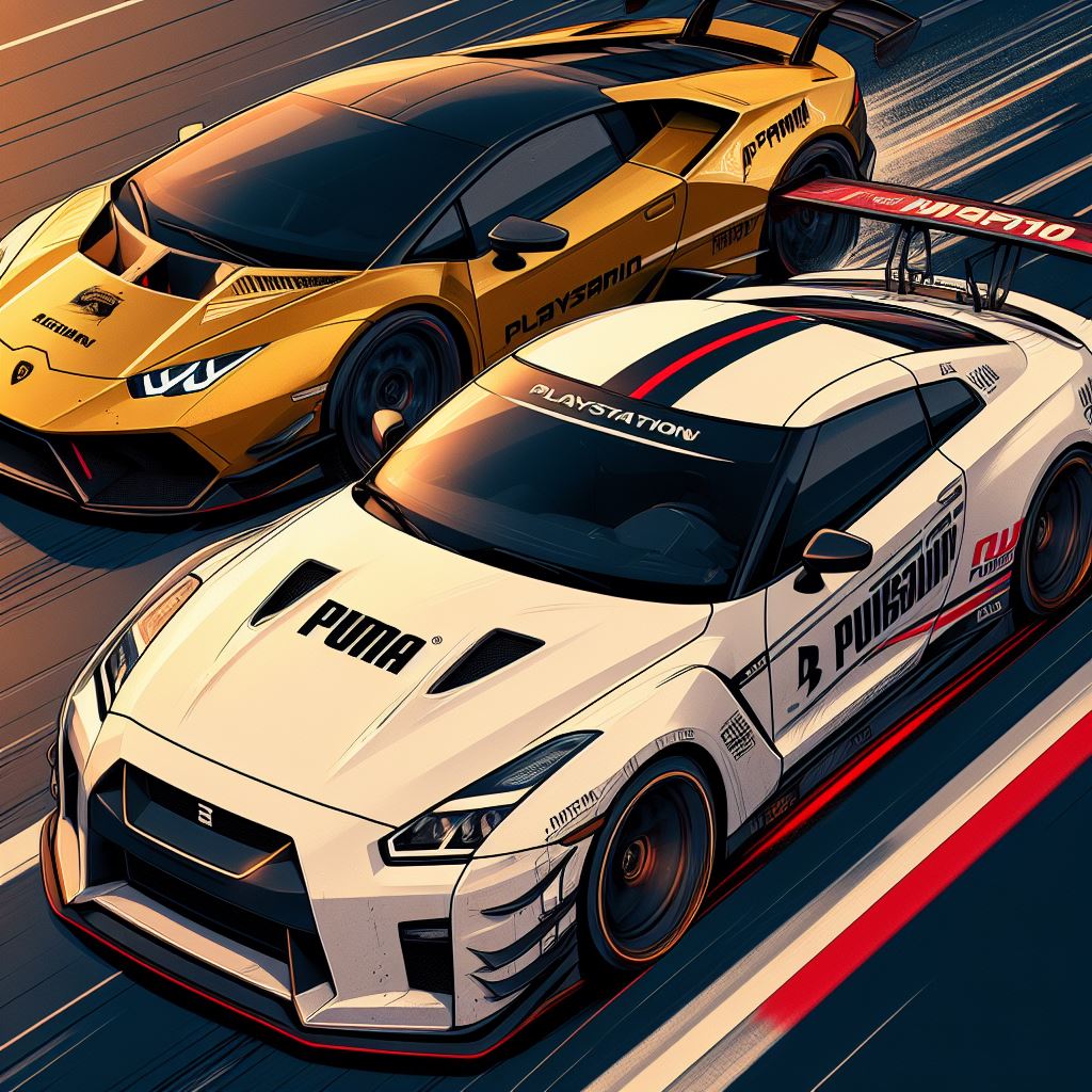 Stable Diffusion prompt: A white Nissan GT-R R35 with a red stripe on the roof and Puma and Playstation s...