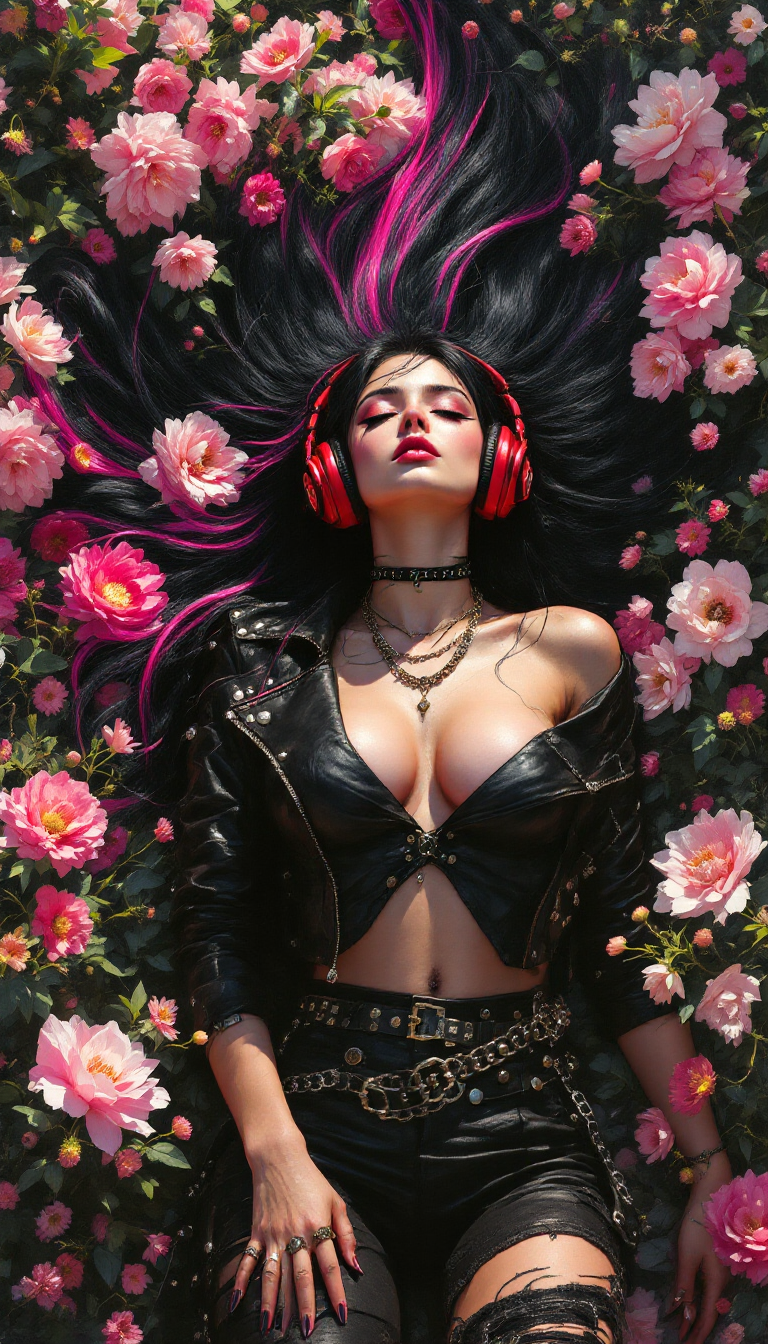 FLUX prompt: A masterpiece oil painting of a beautiful punk rock woman lying face-up in a vib...