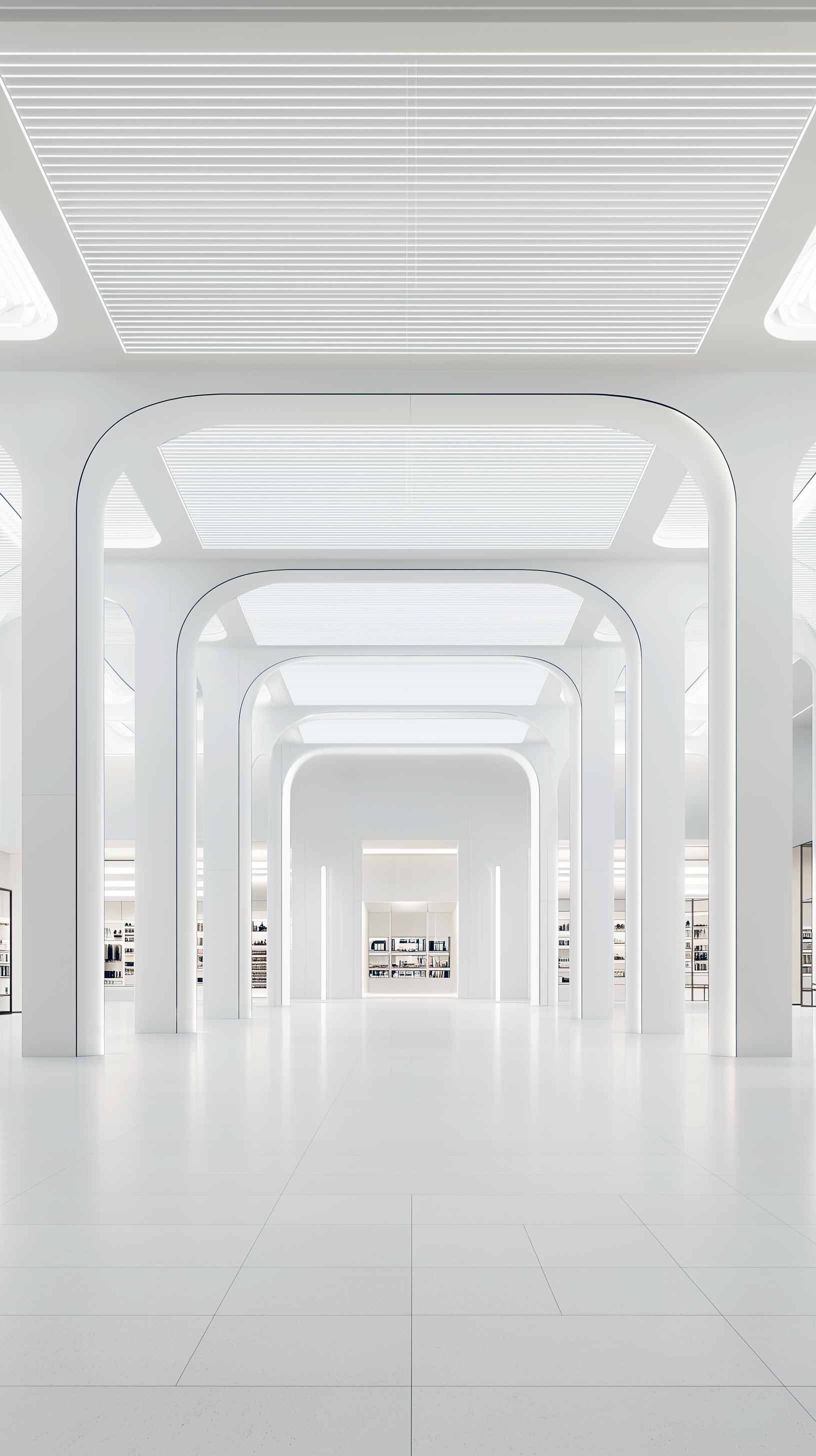 Midjourney prompt: rendering, front view with central composition, modern mid-size concept store wi...