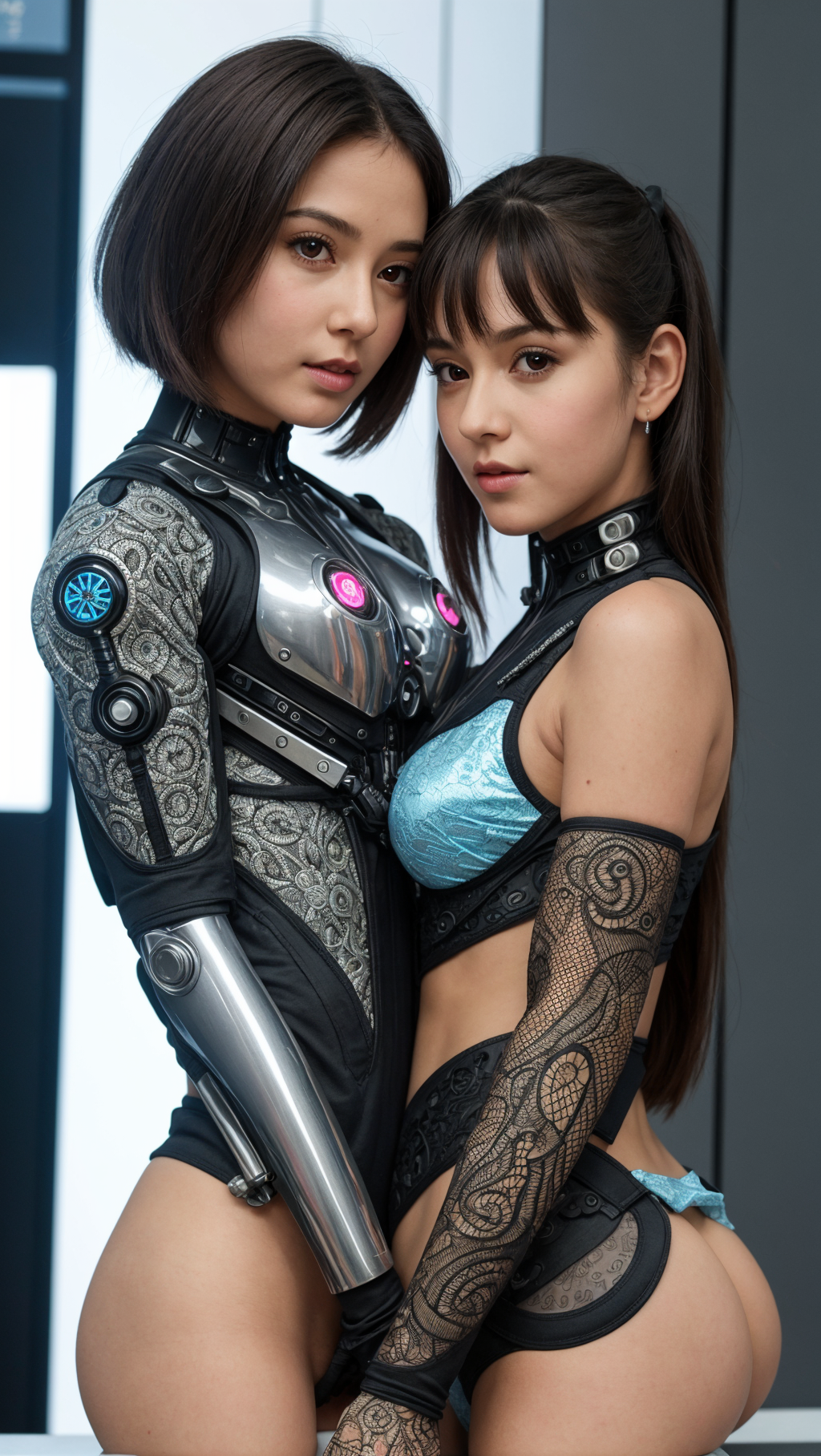 CyberRealistic prompt: a sweety cute mom and baby koalas, curious, cyborg , cyberpunk style, (intricate...