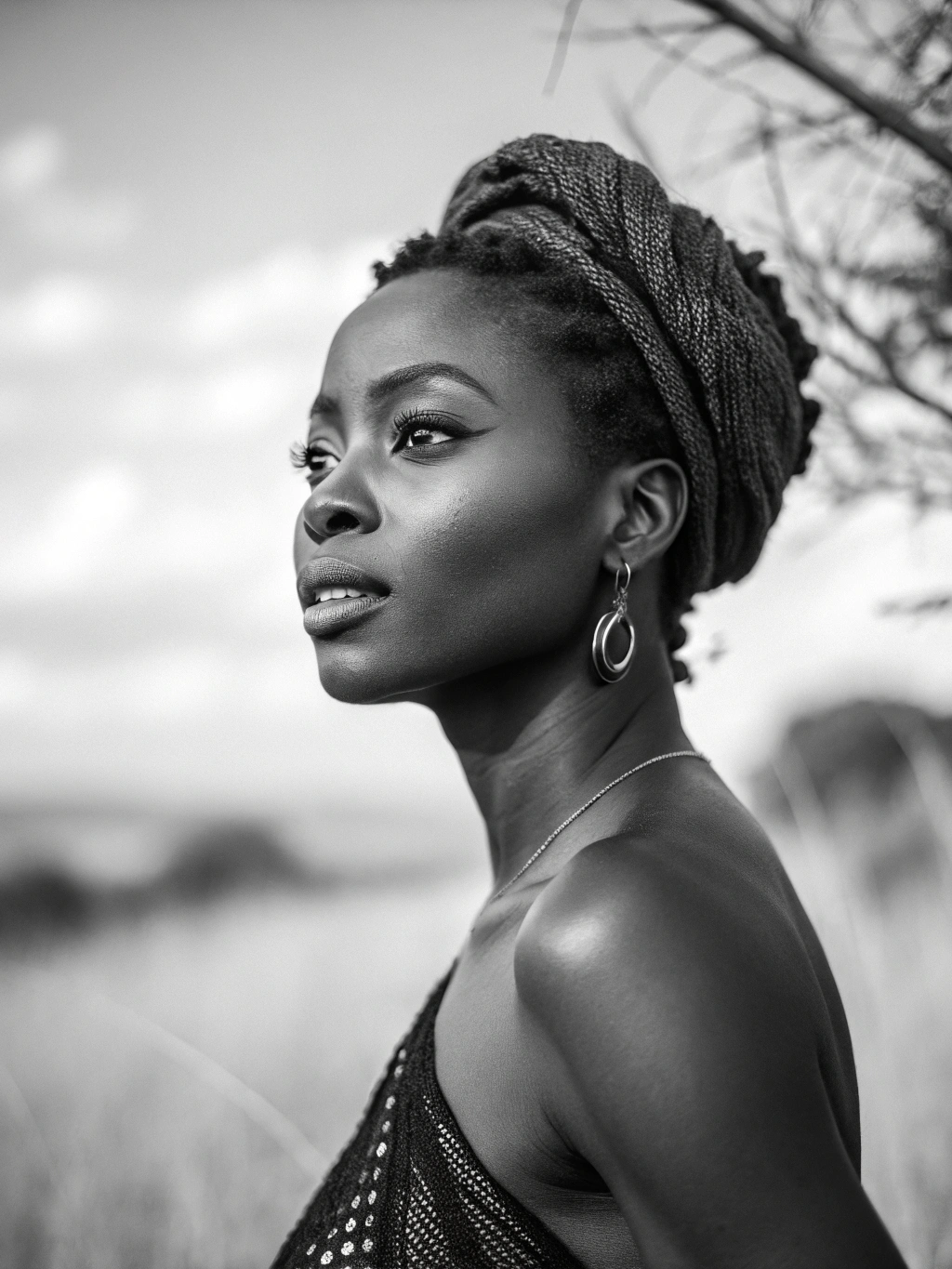 Recraft prompt: Create an image for me that fits DIN A4. A beautiful woman with an african backg...