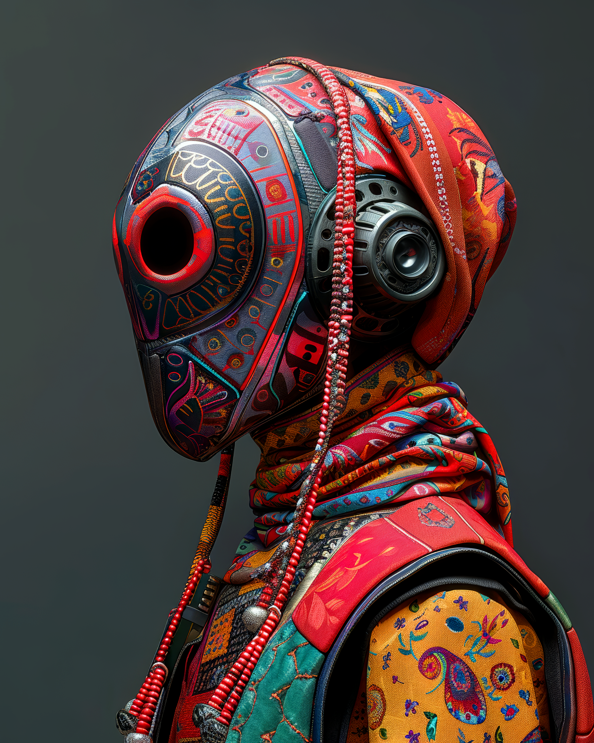 Midjourney prompt: a super hyper realistic full femal upper body with a bandari mask with differnet...