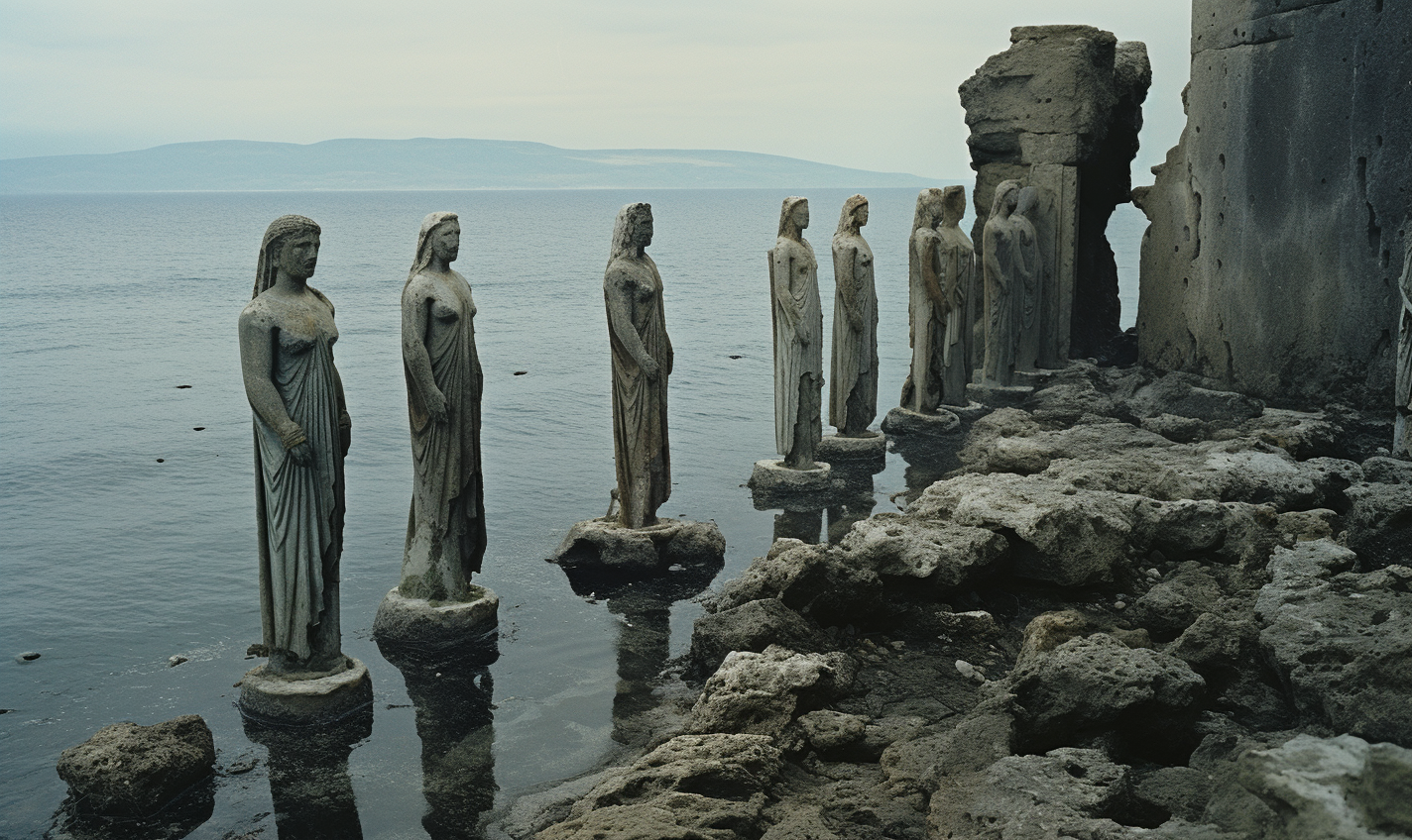 Midjourney prompt: A still from the film, showing ancient Greek sculptures and columns on an island...