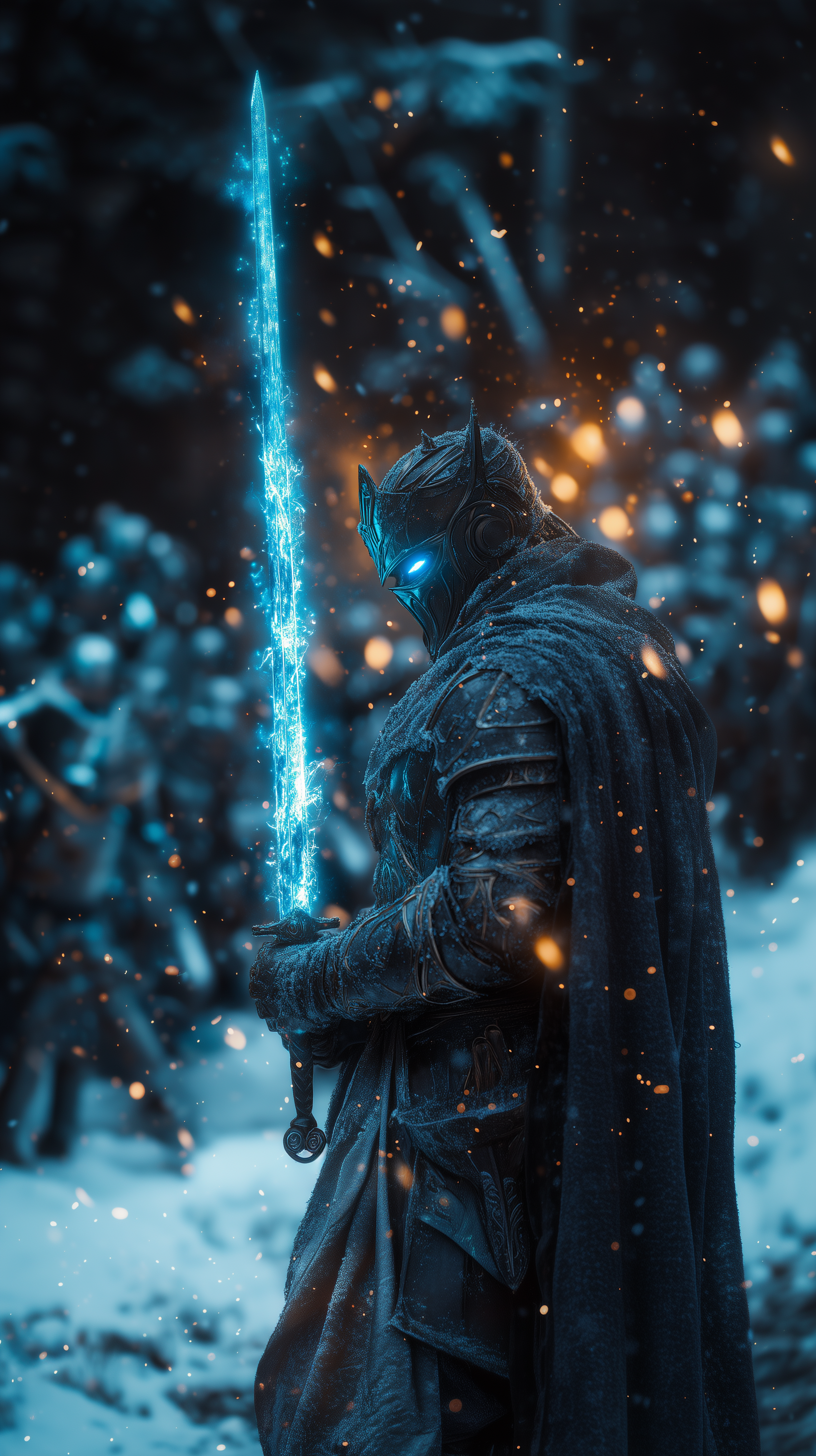 Midjourney prompt: fantasy cinematic, ancient warrior clad in enchanted blue armor with glowing ice...