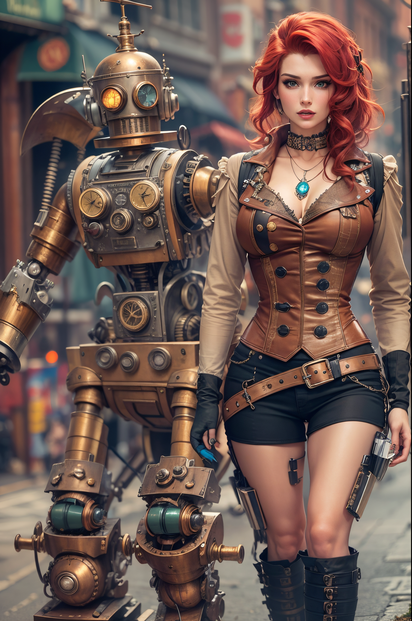 Stable Diffusion prompt: Bella Thorne as a sexy busty steampunk girl with red hair leading a steampunk ro...