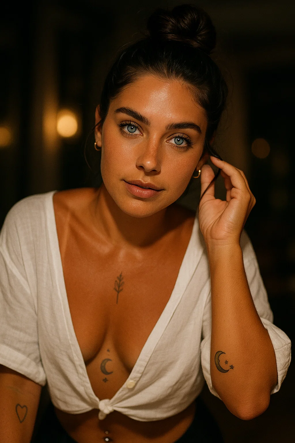 Sora prompt: Date night with a beautiful instagram influencer. She has electric blue eyes, da...
