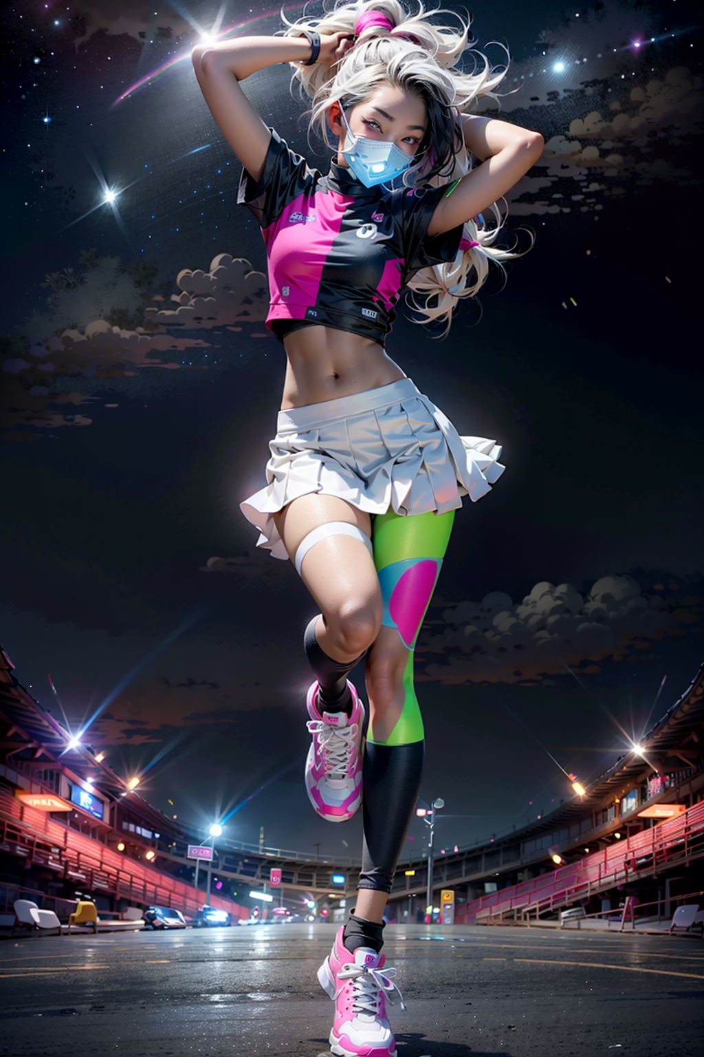 schoolmax 2.5d prompt: blacklight, (beautiful young Korean woman, with white hair in a braided ponytail...