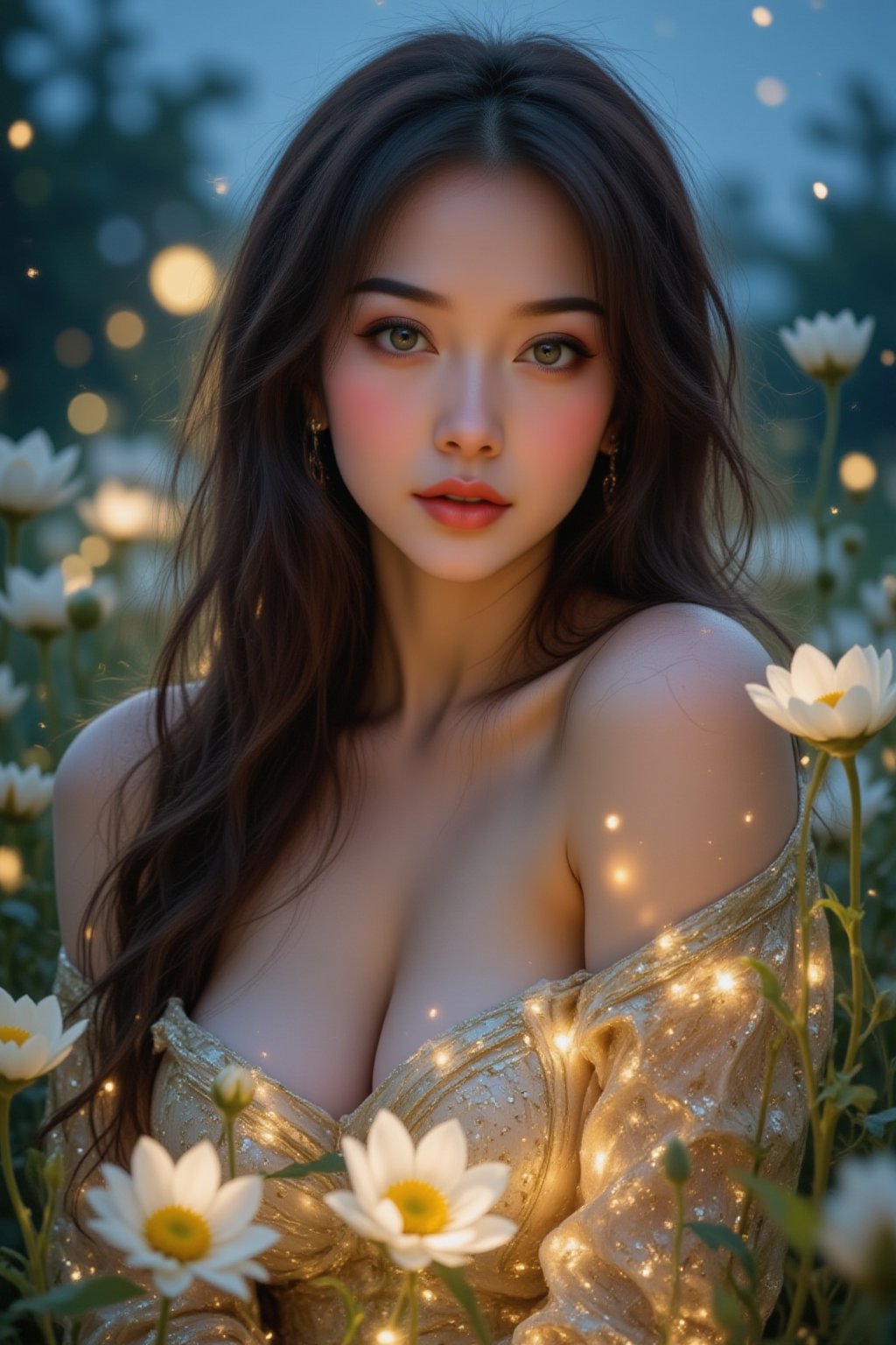 FLUX prompt: The image is a young chinese woman with long wavy dark brown wet hair cascading ...