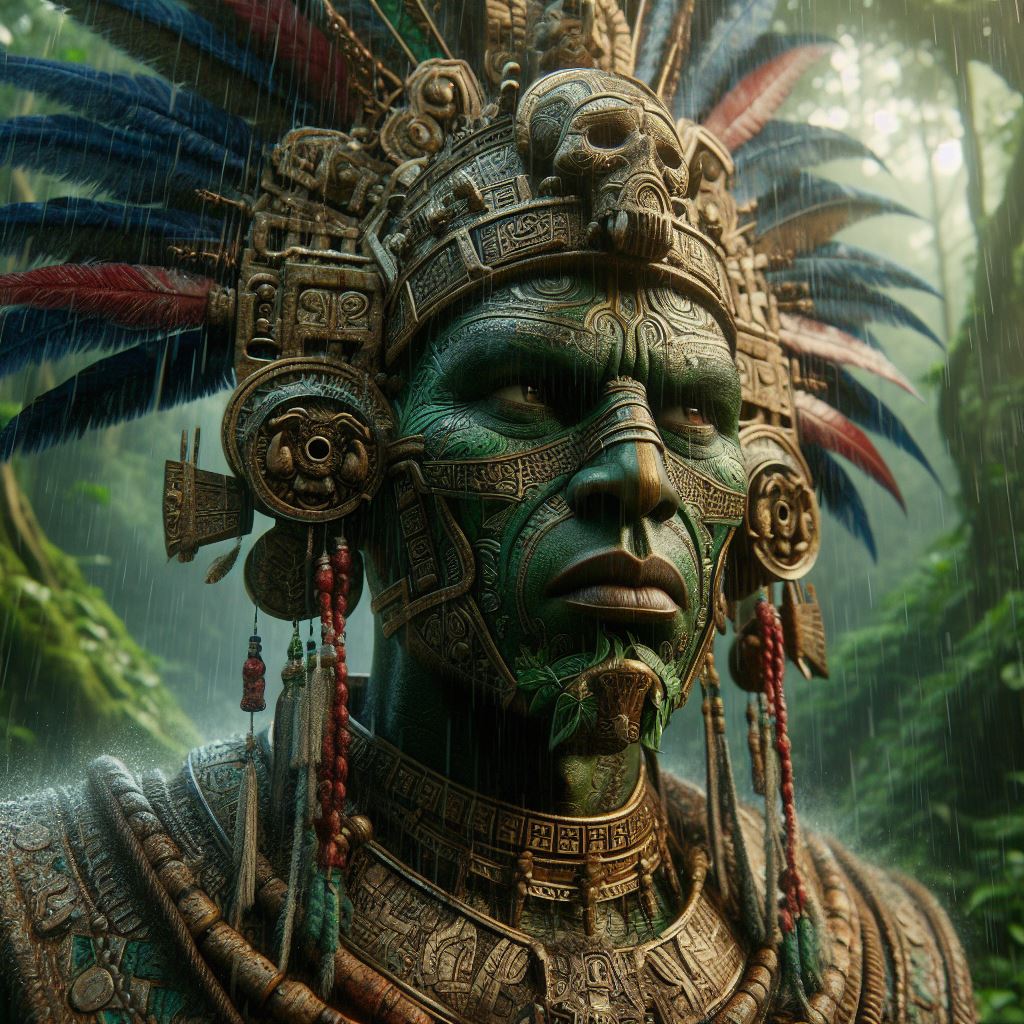 DALL·E prompt: Create a hyper-realistic portrait of the Mayan god Chaac, surrounded by a lush a...