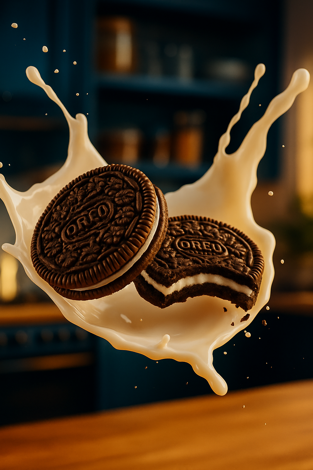 ChatGPT Image prompt: { "subject": { "type": "product photography", "main_object": "two Oreo cookies",...