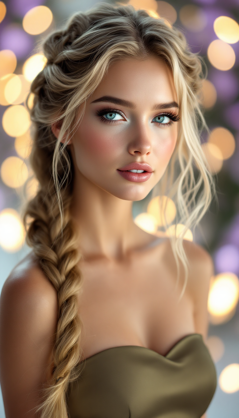FLUX prompt: A stunning young woman with flawless porcelain skin and long, golden-blonde hair...