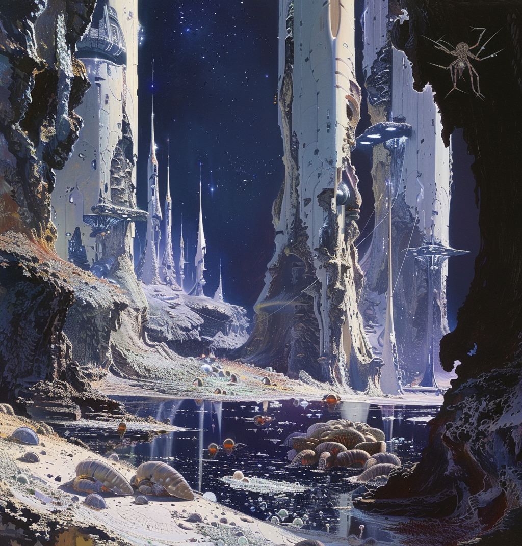 Midjourney prompt: n the style of Roger Dean, in the style of John Berkey, distant view of an alien...