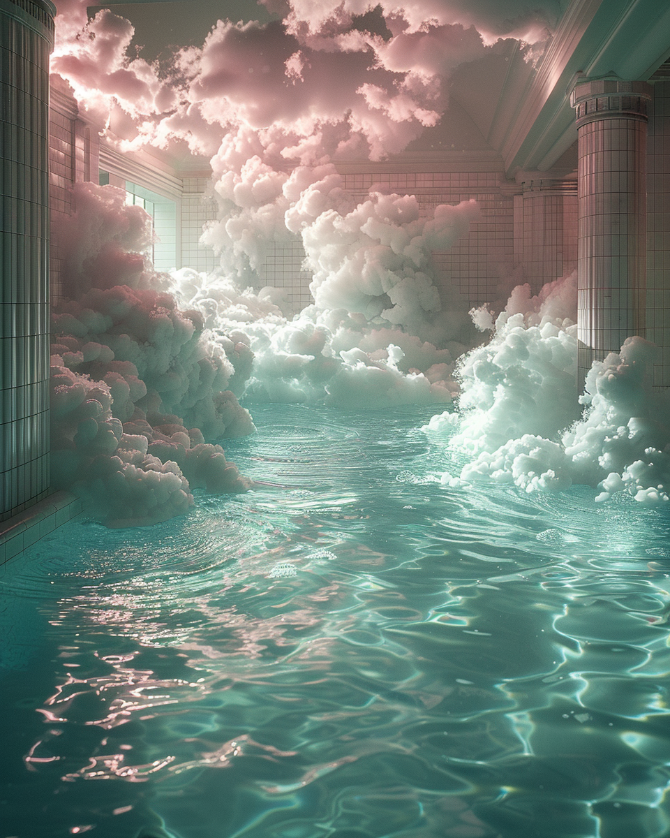 Midjourney prompt: a swimming pool full of fluffy clouds --s 750 --ar 4:5 --v 6.0