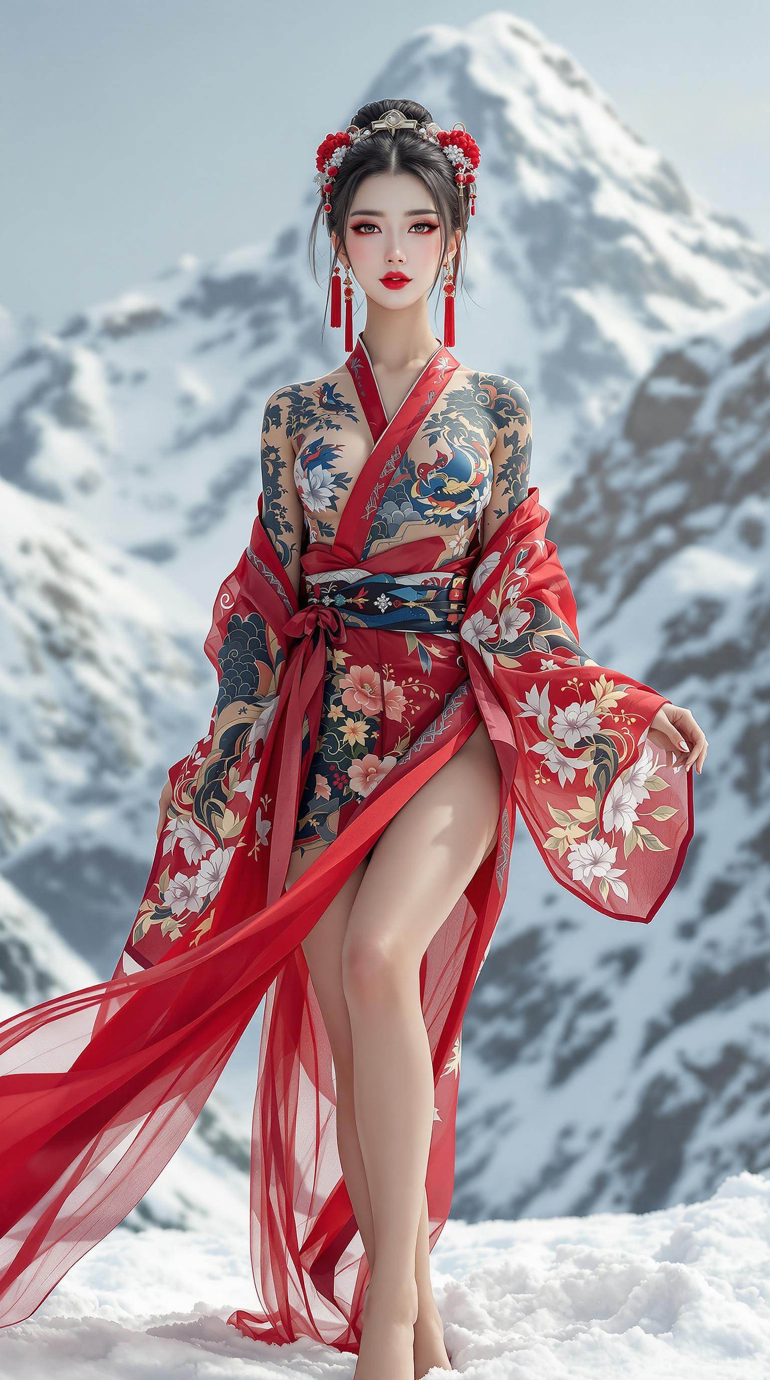 FLUX prompt: Full body view of a stunning portrait of an elegant Asian woman, with a snow-cov...