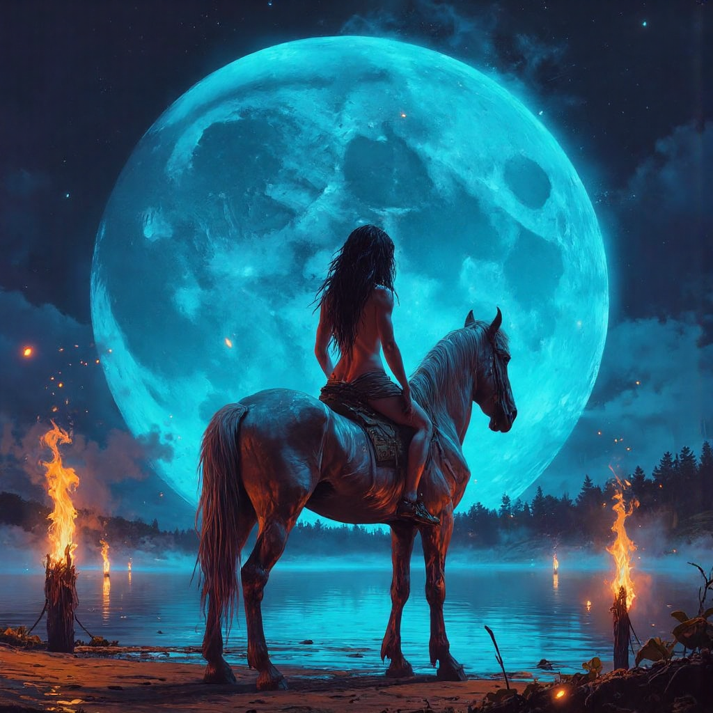 FLUX prompt: In the textured realism of Simon Stålenhag, a moon-worshiping priestess sits bar...