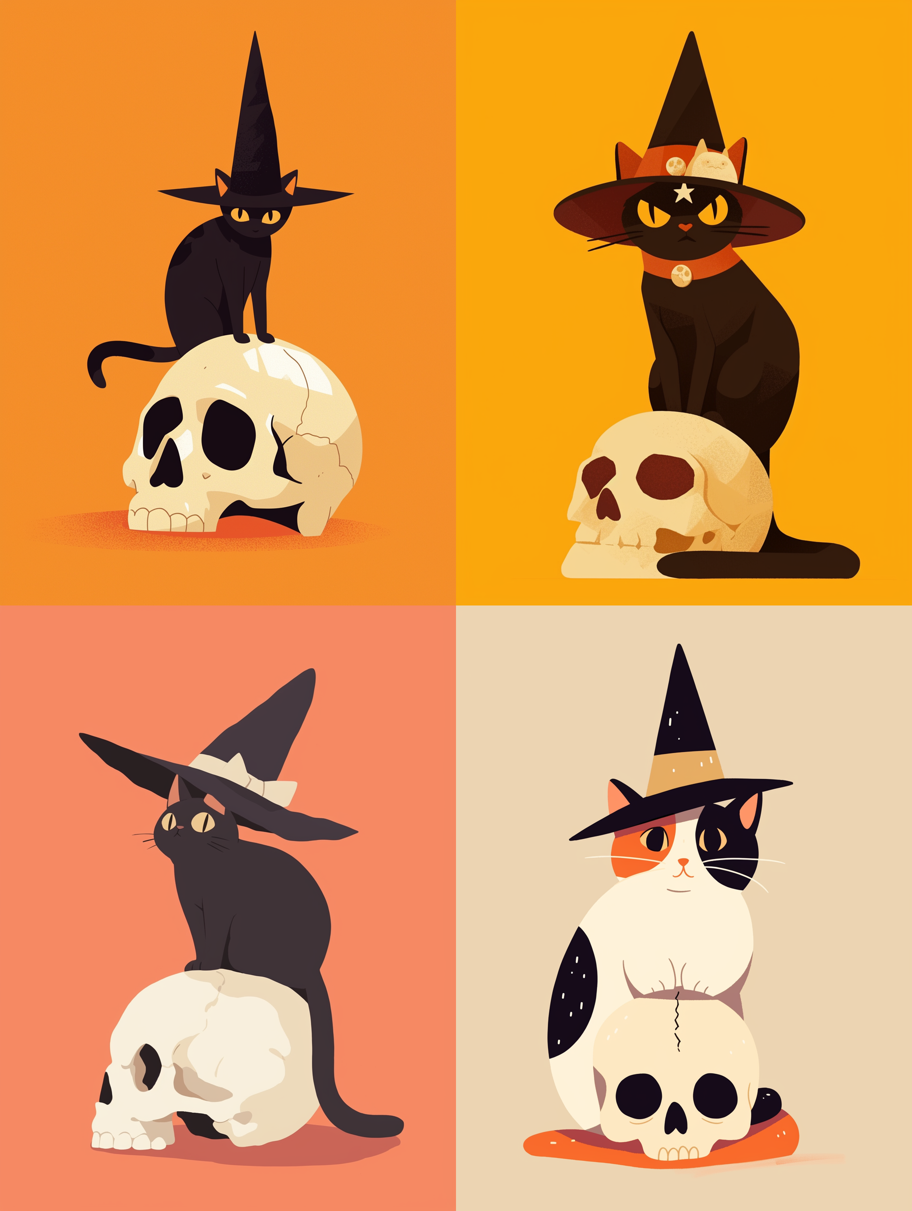 Midjourney prompt: A flat illustration of a cat wearing a witch's hat and sitting on the skull, min...