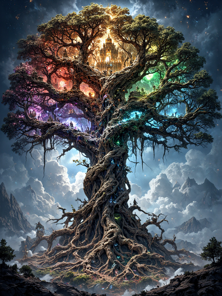 FLUX prompt: A vast, cosmic Yggdrasil, the World Tree, stretches into the star-speckled void ...