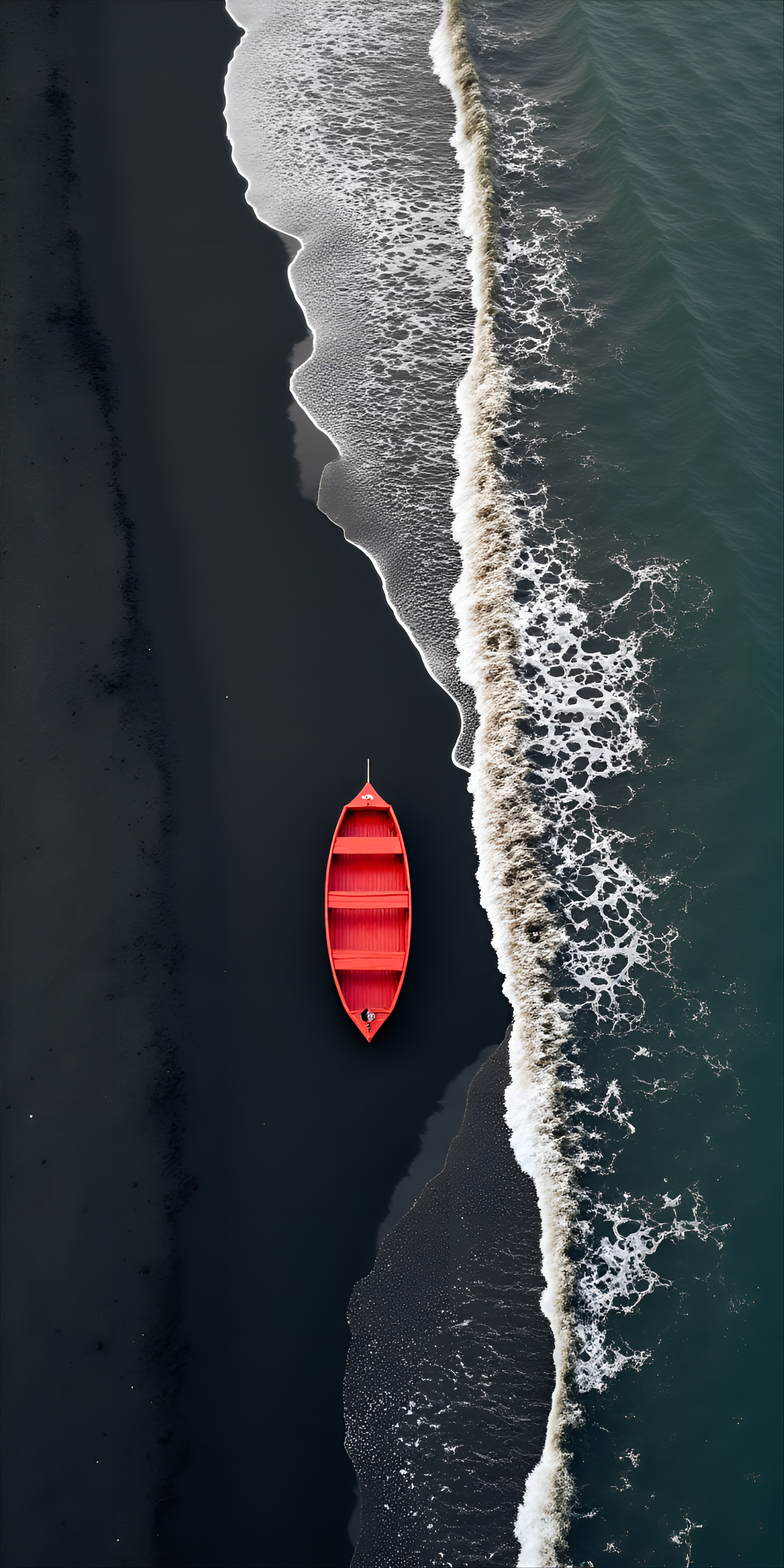 FLUX prompt: small, red wooden boat rests on a dark, volcanic beach. The boat is centered in ...
