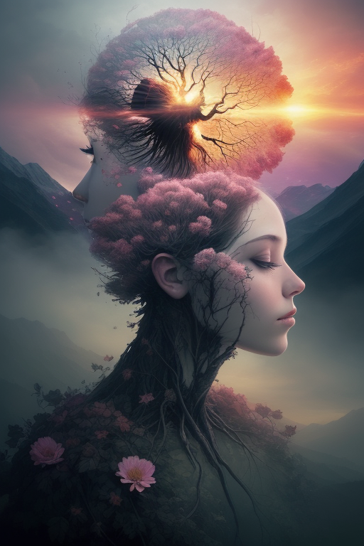 DreamShaper prompt: Nature exploding out a humans head, trees, flowers, mountain, sunset, nature min...