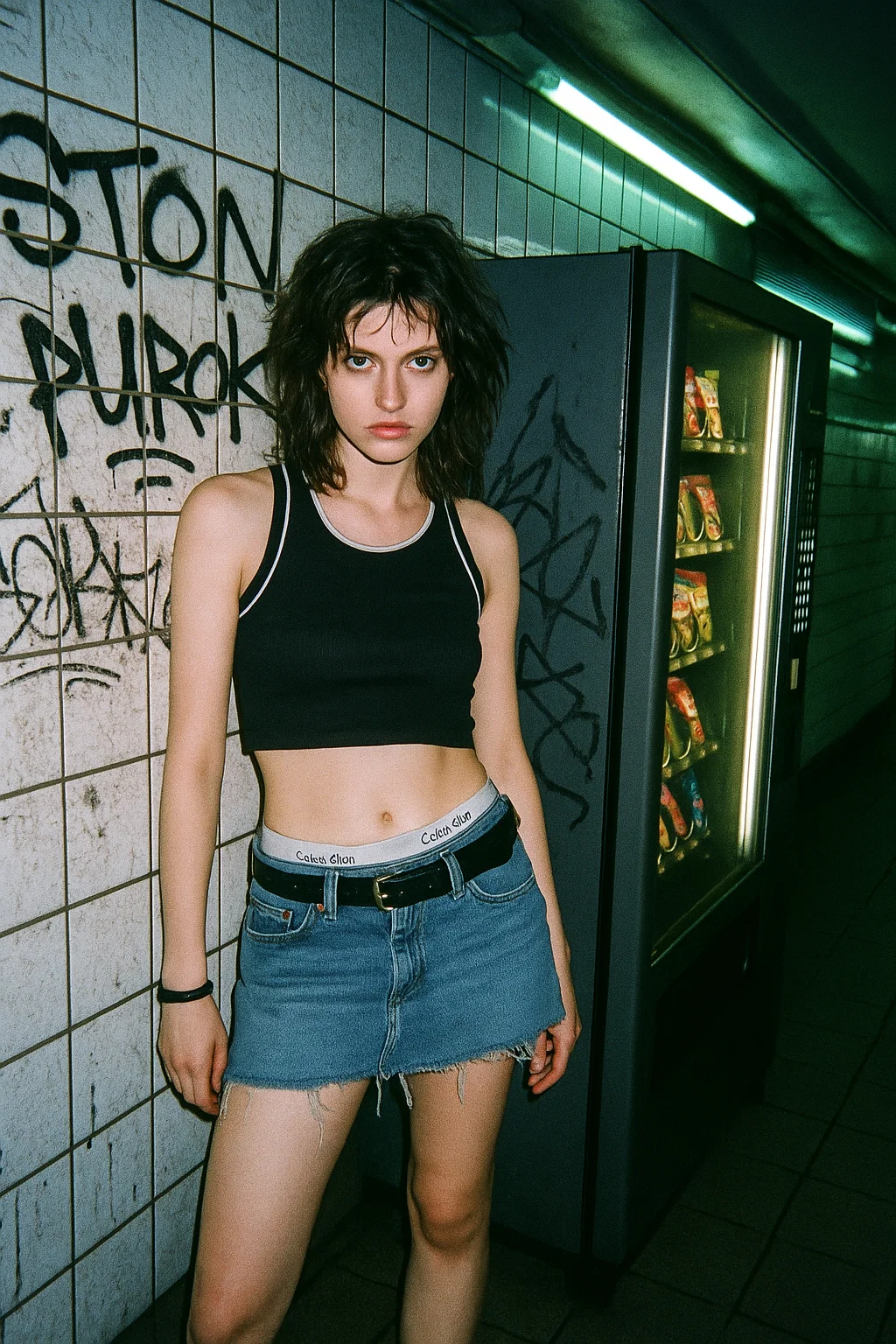 Sora prompt: Grainy disposable flash snapshot in an underground subway station, tiled walls w...