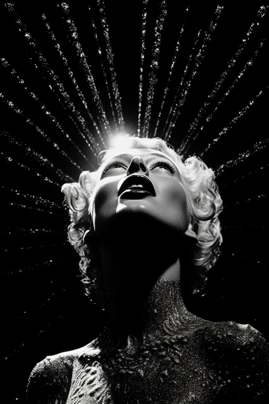 Midjourney prompt: epic angled view, view from below, short hair Marilyn Monroe as satan Queen of h...