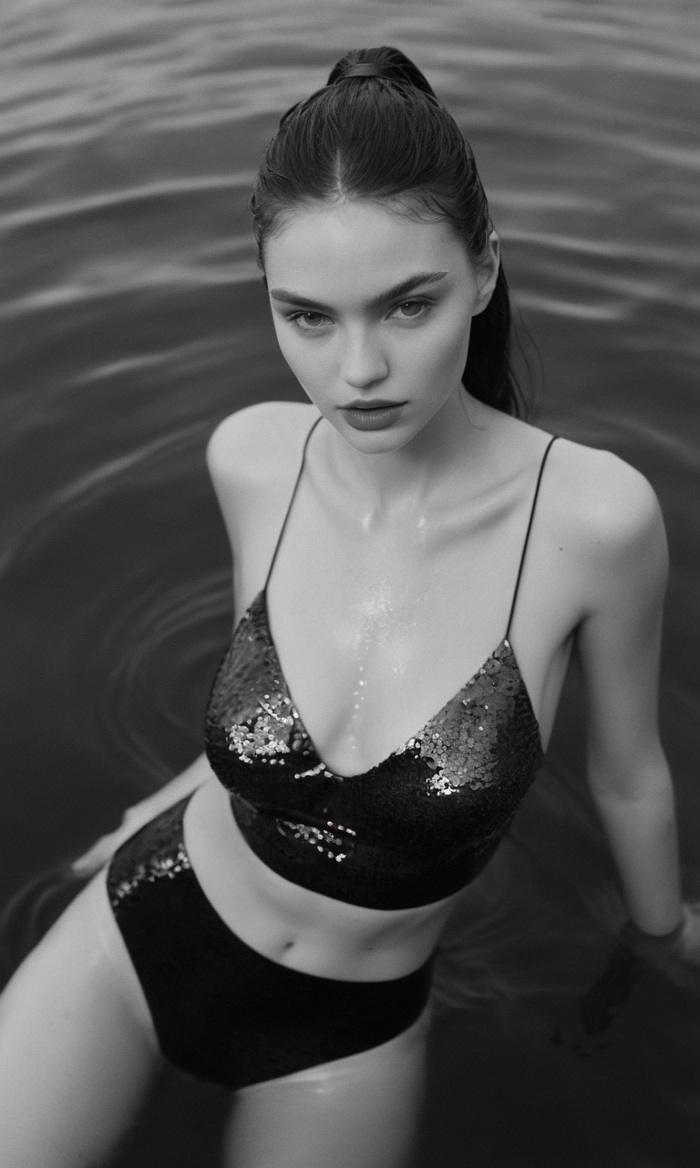 Realistic Vision V2.0 prompt: a young woman in glossy swimsuit in the water, black and white photography, eleg...
