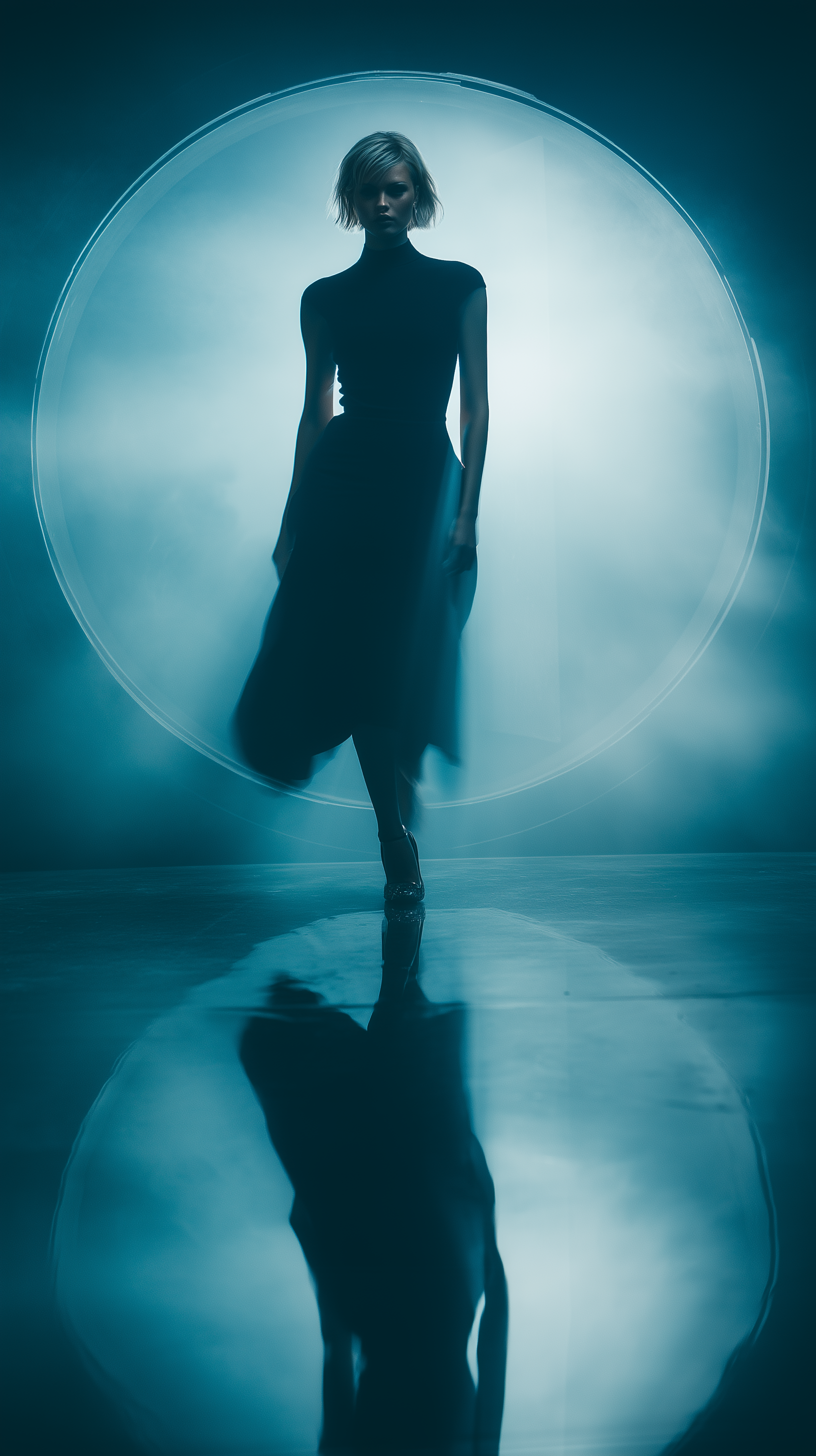 Midjourney prompt: cinematic fashion shoot, runway look in a deep foggy circle, candid view, blue o...