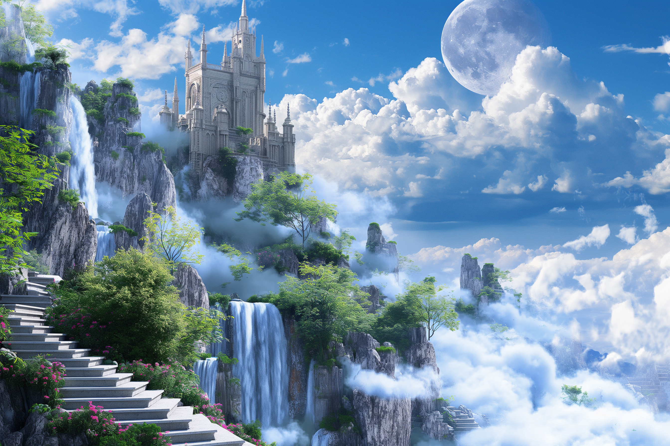 Midjourney prompt: 3d fantasy world with magical castle, clouds and waterfalls, stairs to the moon ...