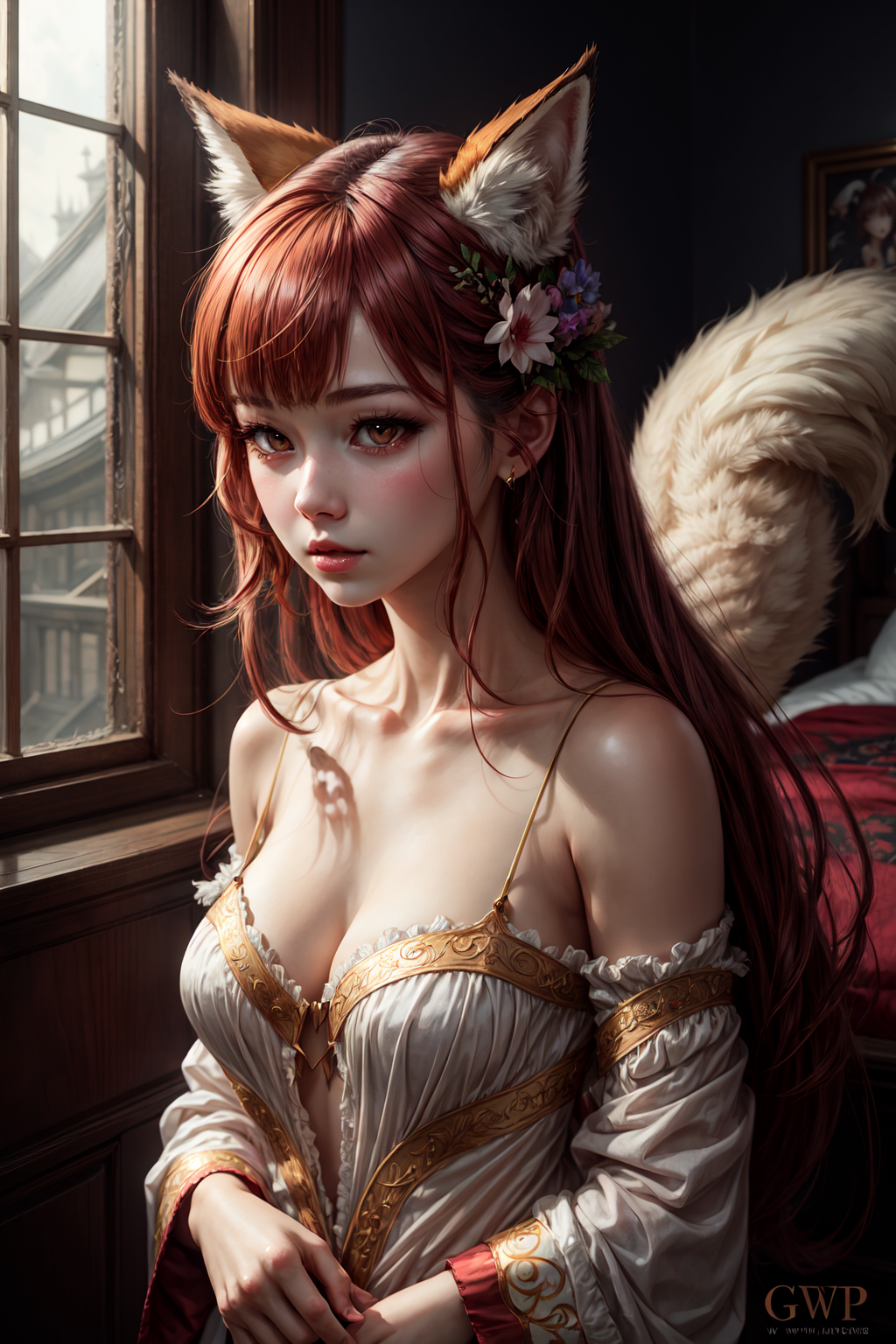UnstableInkDream prompt: fluffy nine-tailed fox girl by Wlop and Guweiz, Hyper-realistic, photography, re...