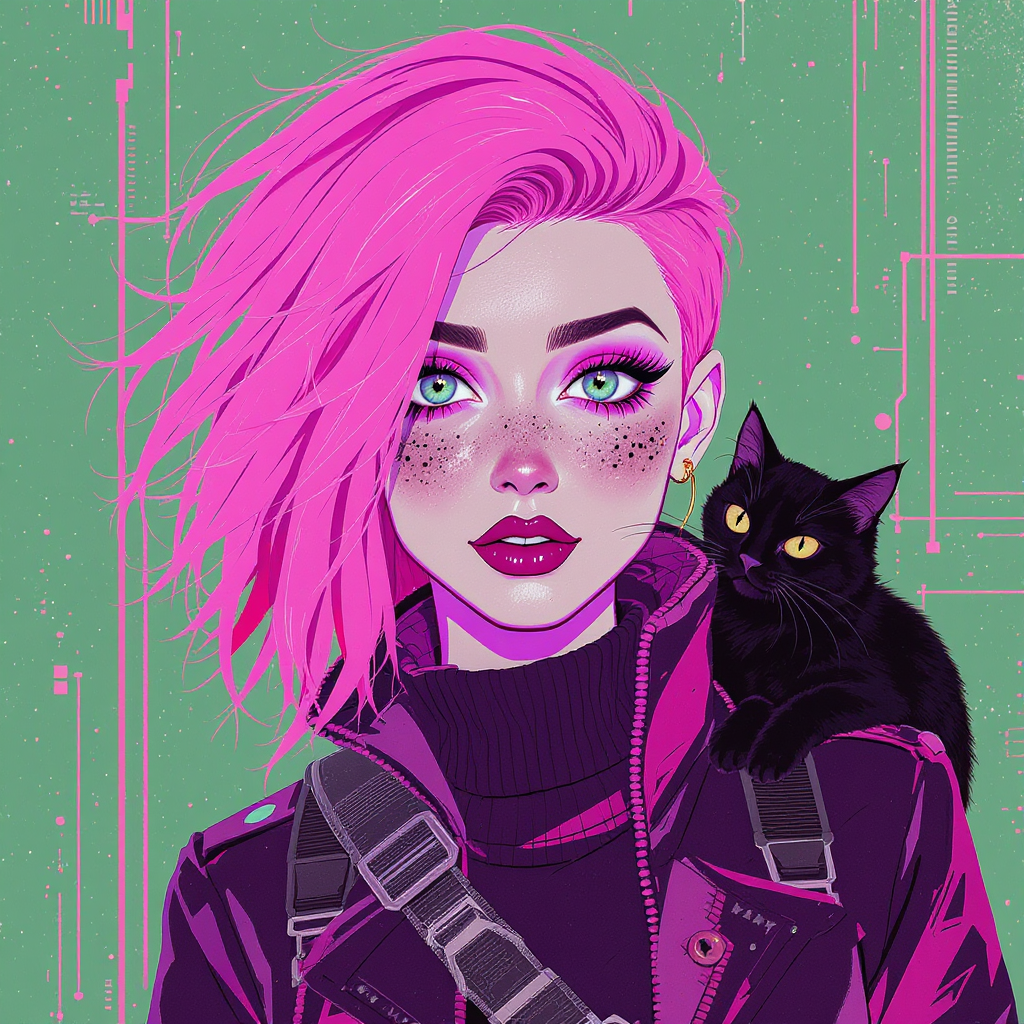 FLUX prompt: An illustration of a quirky girl with pink hair, in the style of Flat shading, G...