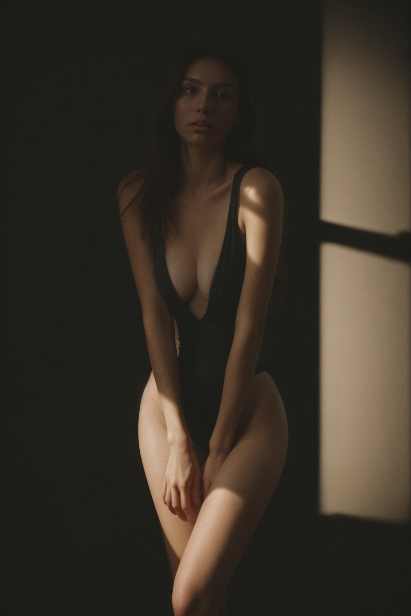 epiCPhotoGasm prompt: full body visible of A young woman with long, wavy brown hair wears a black one-...