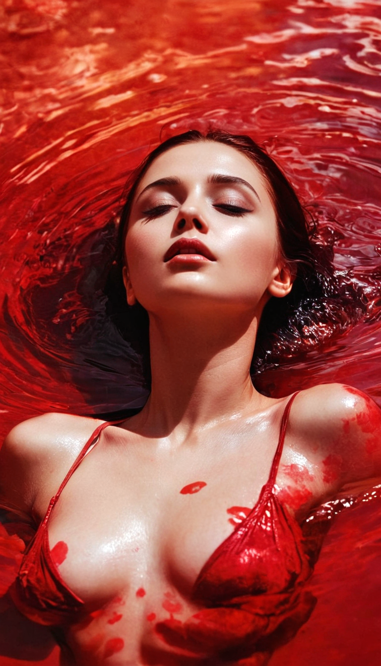 Stable Diffusion prompt: fashion editorial, a portrait of a young beautiful darkhaired woman in blood red...