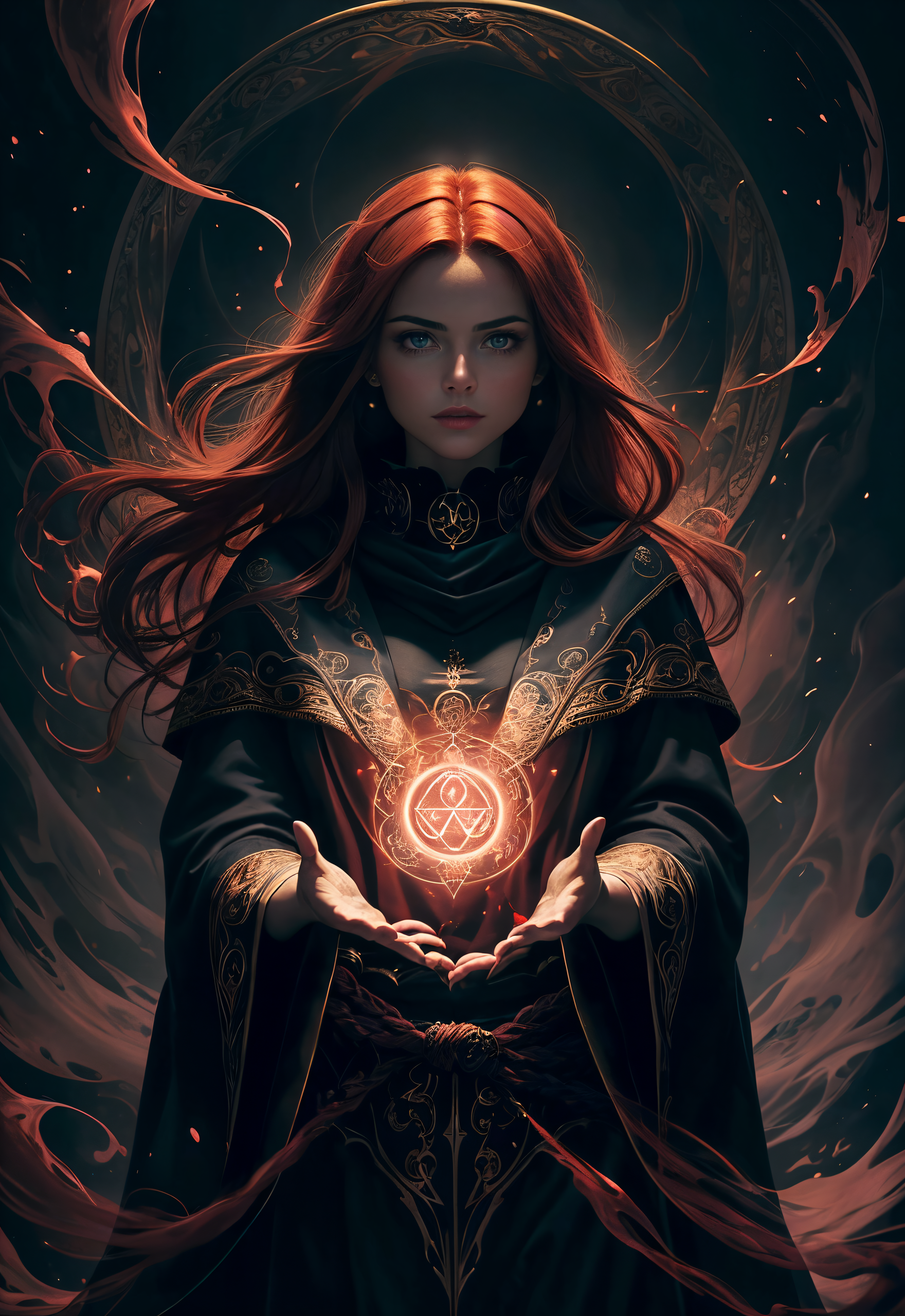 DreamShaper prompt: A female warlock with long auburn hair wearing a black cowl and ornate robes of ...