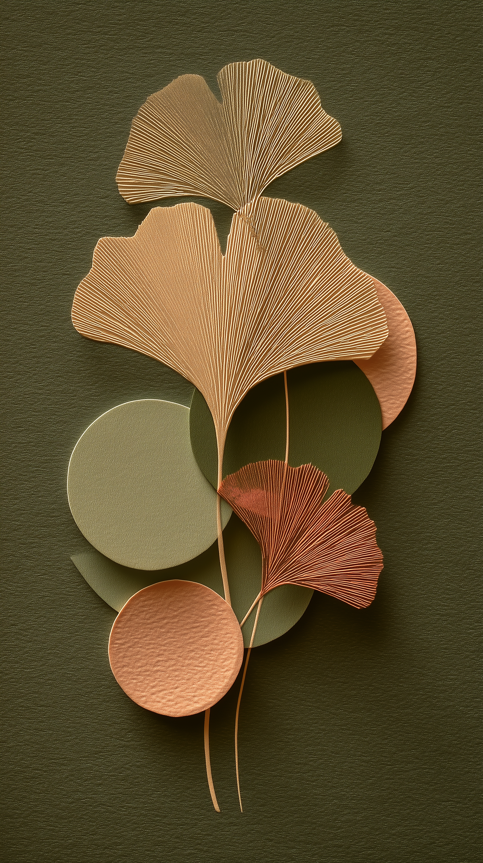 Midjourney prompt: paper-cut ginkgo leaf silhouette collage, sage and copper color palette, mid-cen...