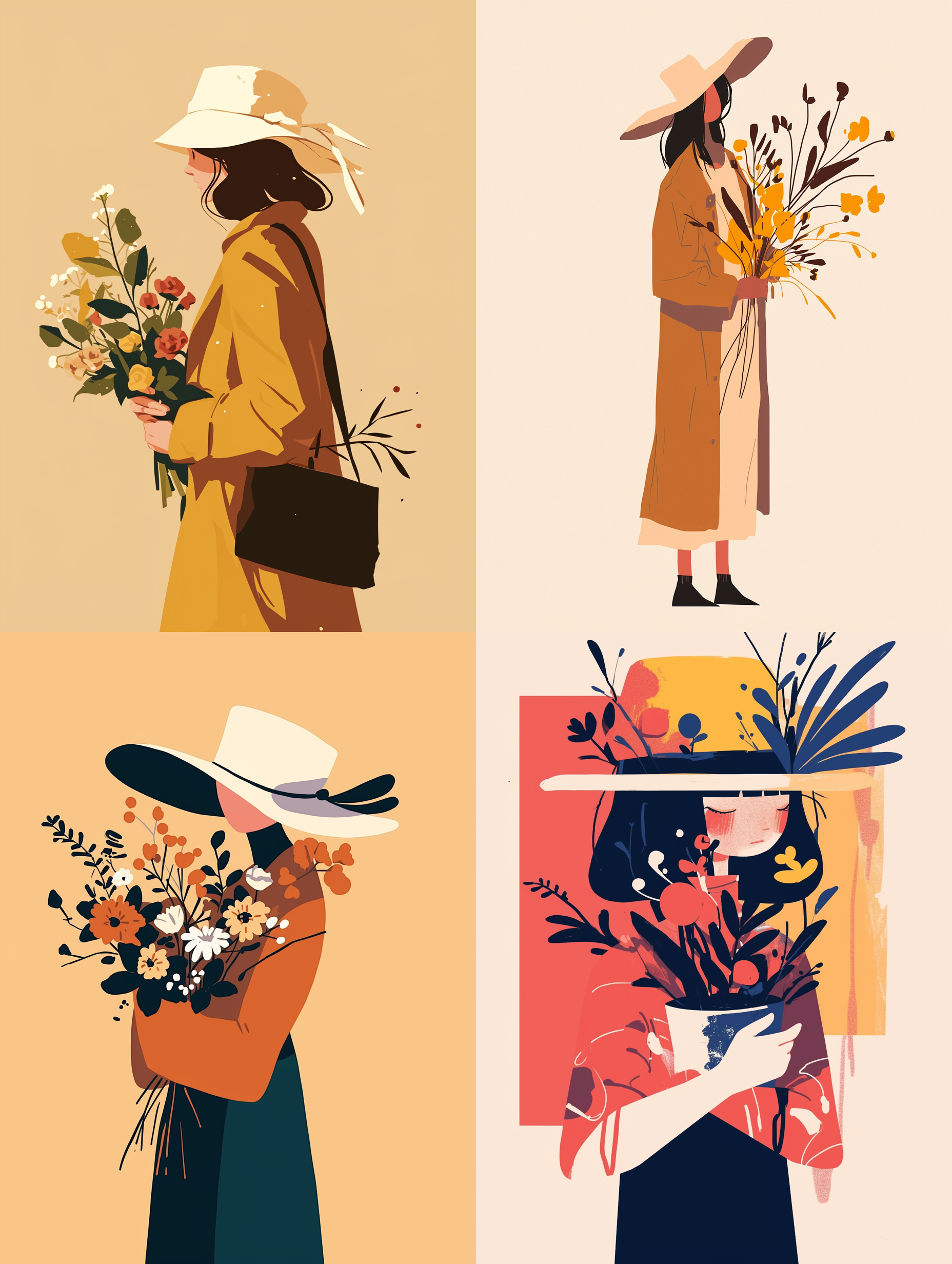 Midjourney prompt: A flat illustration of a girl wearing a hat and holding flowers, minimalist, war...