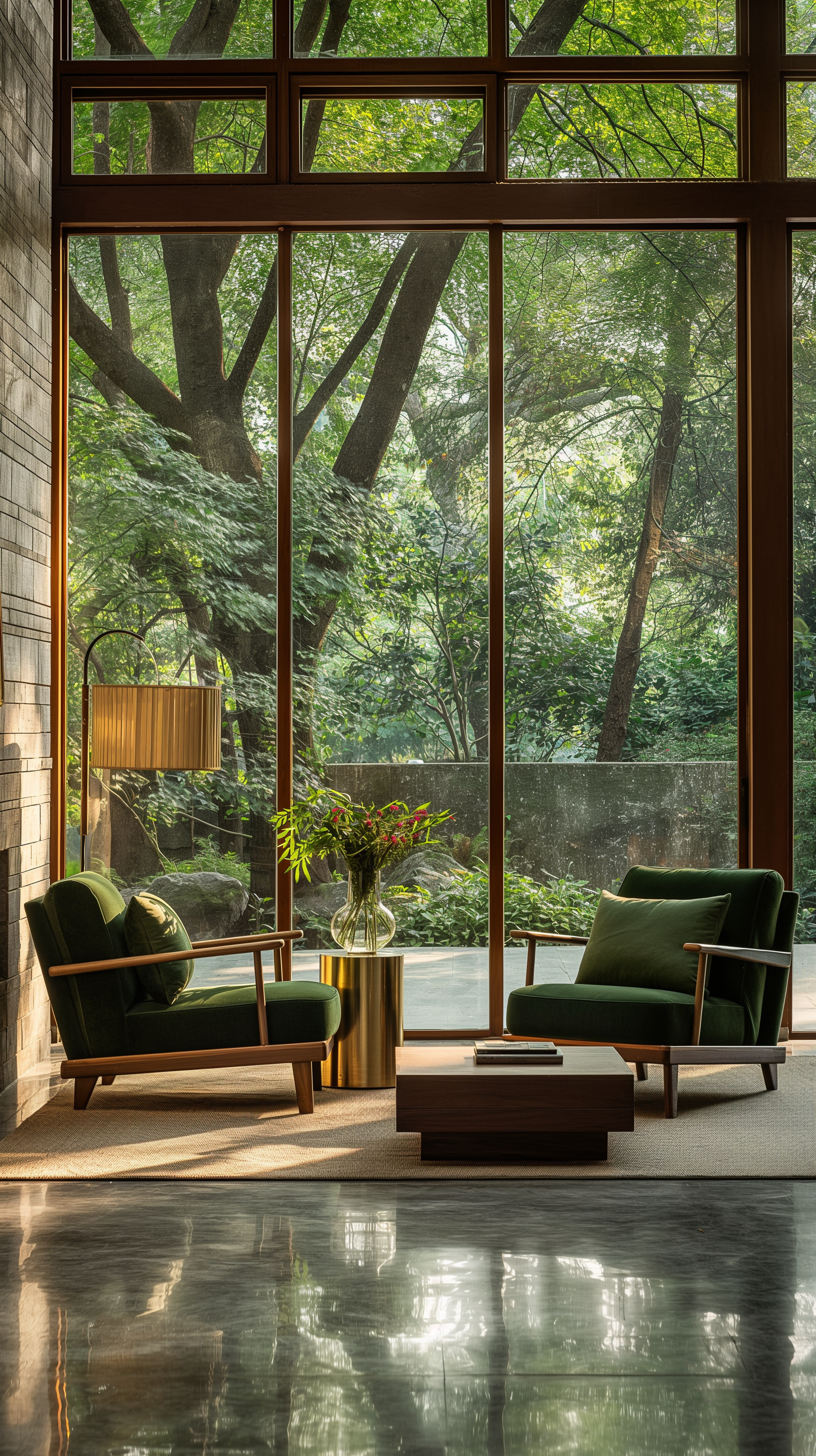 Midjourney prompt: living area framed by large floor-to-ceiling windows that showcase a serene gard...