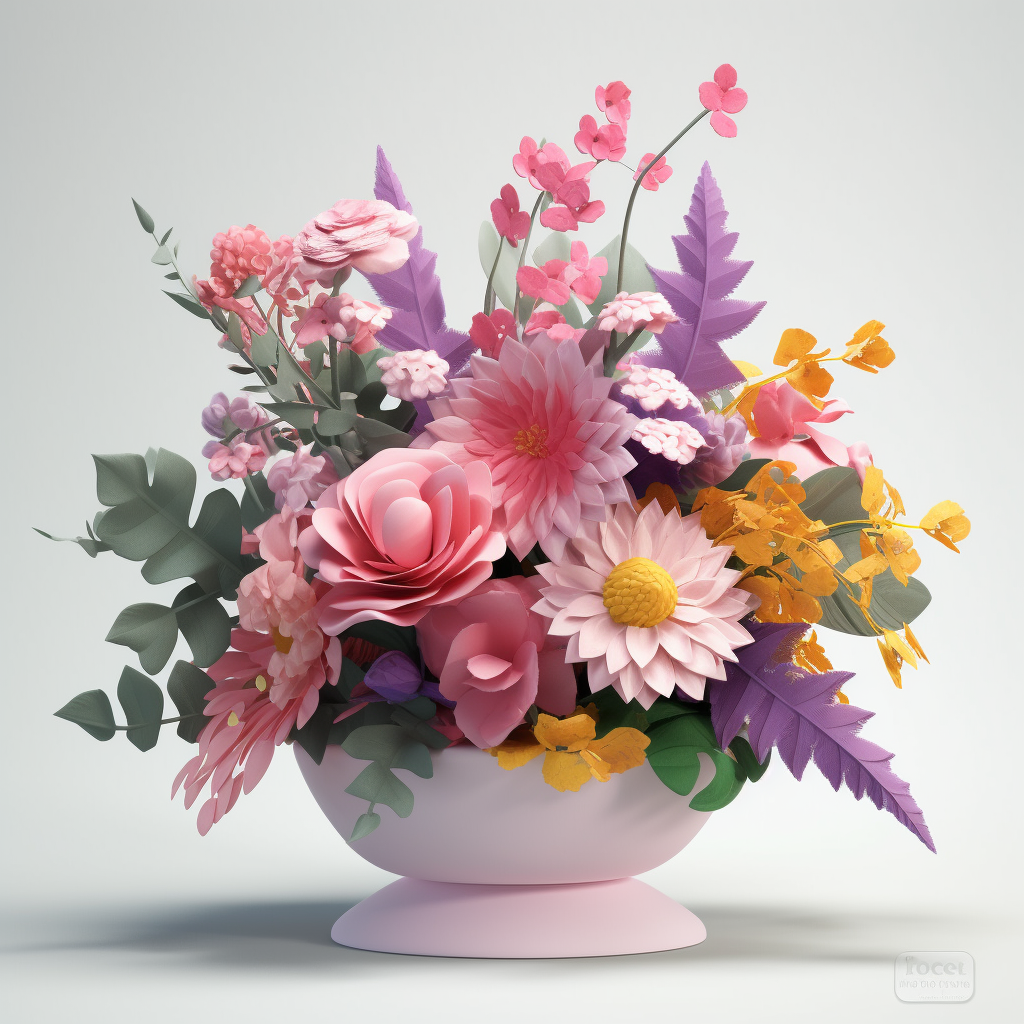 Midjourney prompt: Customize a floral arrangement, 3D render, art by Henri Rousseau, a pink and pur...
