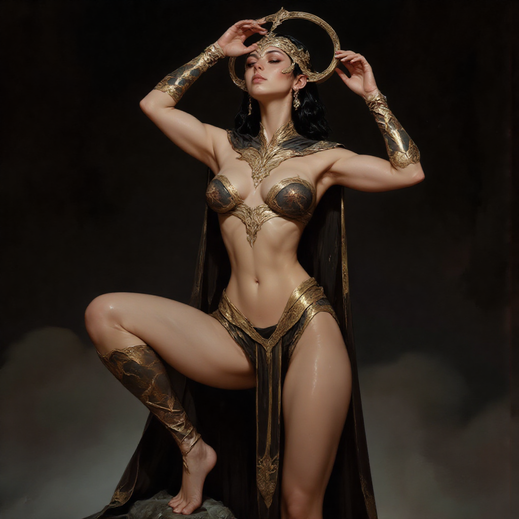 FLUX prompt: high priestess, intricate flowing fabrics, dynamic sensual pose, (chiaroscuro:1....