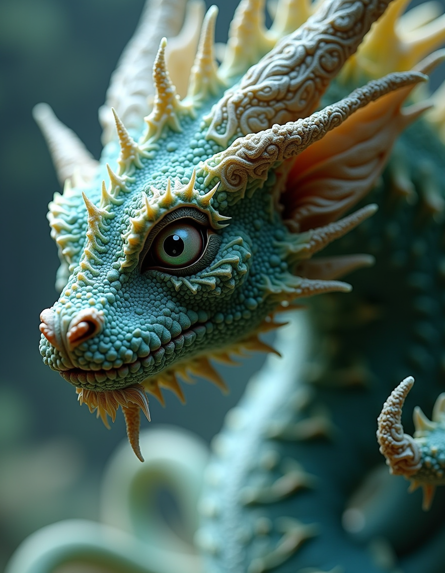 FLUX prompt: close up dof render of a mythical creature made of detailed spiraling fractals a...