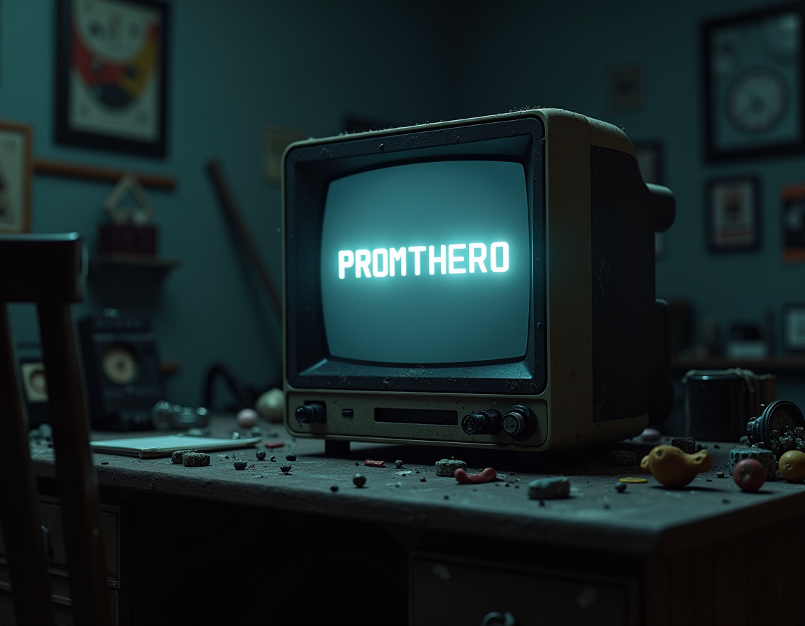 FLUX prompt: detailed cinematic dof render of an old dusty detailed CRT monitor on a wooden d...