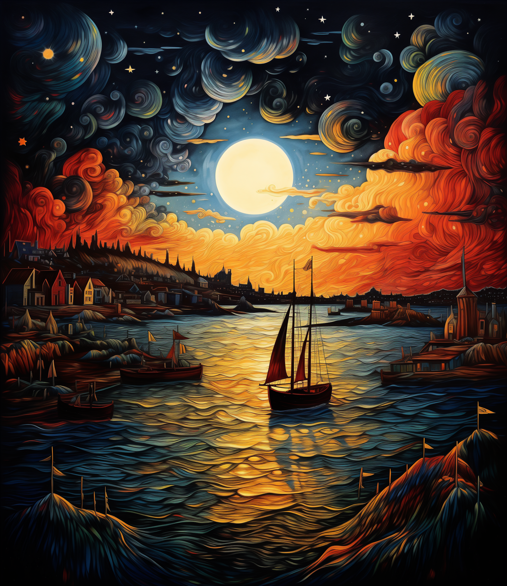 Midjourney prompt: detailed colored drawing of the sky at night with dark clouds and moon, there is...