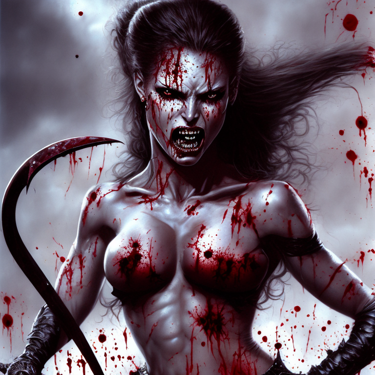 Openjourney prompt: portrait of an athletic Fantasy aggressive female vampire, blood splatter, 8k, s...