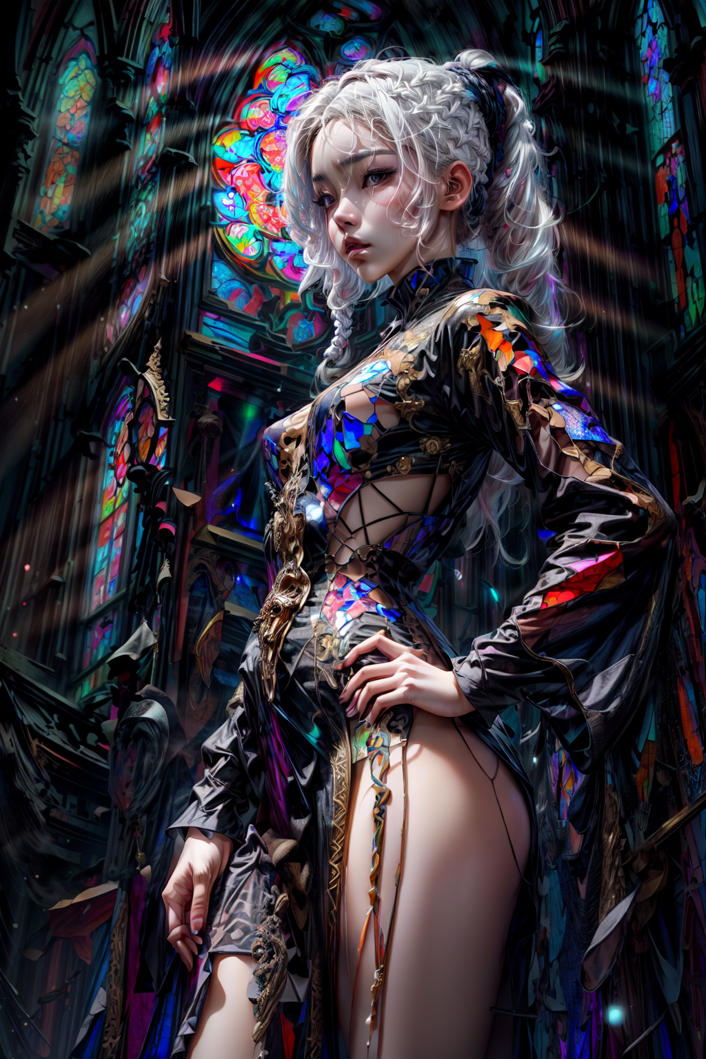 UnstableInkDream prompt: (stained glass dress:1.5), (beautiful young Korean woman, with white hair in a b...