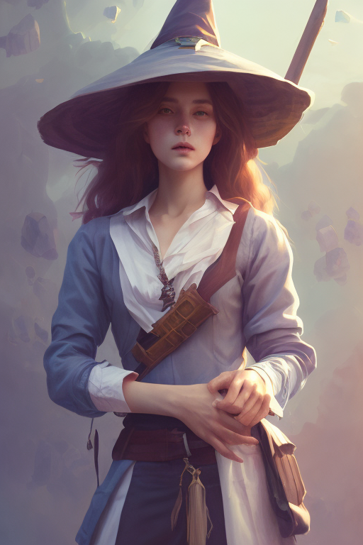 Openjourney prompt: rugged girl witch wearing magic school uniform, large wide - brimmed witch hat, ...