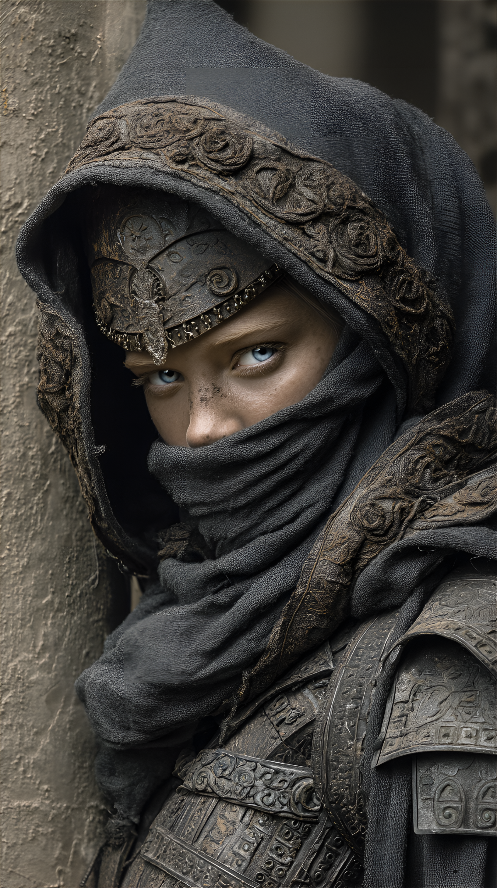 Midjourney prompt: female warrior, young adult, likely Middle Eastern, wearing intricate, dark-gray...
